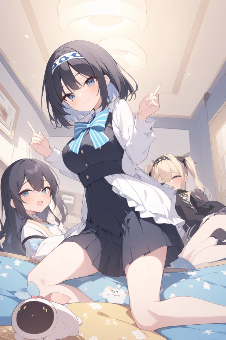 ((masterpiece, Side Lighting, finely detailed beautiful eyes: 1.2)), Super detailed, Ultra-high resolution, Professional Lighting, High quality makeup, beautiful detailed eyes, sexy, beautiful, Big eyes, Cowboy Shot, (Girl:1.3), hinatsuru ai, blue eyes, Black Hair, Brown Hair, Ridiculously long hair, Ahoge, Twin tails, Blue and white dress, Yellow ribbon, White Beret, smile, blush, wariza, Spread your legs,orgasm,blush, Sweat,White panties、Squat、Look at this、skirt