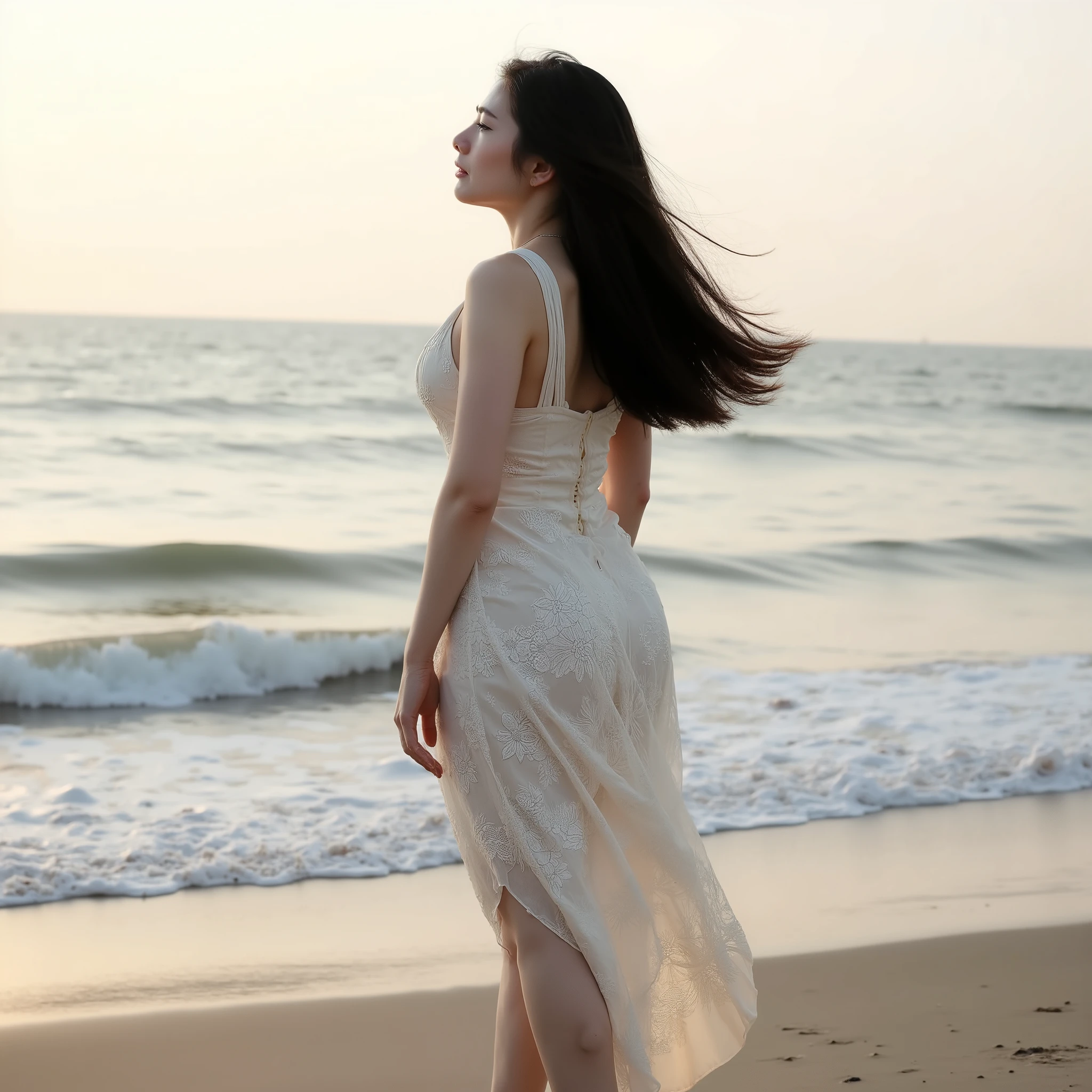 Nana, an exquisitely gorgeous South Korean woman, who exudes a serene and feminine gaze that seems to calm the very essence of the scene. Her long, straight black hair is adorned with dark brown highlights that dance gracefully in the early morning breeze. The creamy white dress she wears clings to her curvaceous yet athletic form, revealing a detailed floral pattern that whispers of a secret garden coming to life. The dress, with its elegant sleeveless design and a hemline that flirts with the tops of her knees, showcases her voluptuous curves in a manner that is both classy and aesthetically pleasing. Her deep cleavage is a testament to her ample bosom, which stands proud and perky, a stark contrast against the soft, flowing fabric. Her thighs, robust and toned from countless days of dance and exercise, demand attention, yet they are presented with a subtle elegance that speaks more of strength than showmanship. Her legs, a masterpiece of beauty and power, extend down to the shore where the sunkissed sea kisses the sand. The dress billows around her in the wind, hinting at the power of the ocean's breath. The dawn light casts a warm glow across the scene, the sky blending seamlessly with the horizon in a symphony of pastels. As the sun rises, the sea reflects the fiery kiss of the sun, creating a canvas of light that stretches for miles. Nana stands before this breathtaking view, her posture a testament to her poise and grace. The powerful waves crash against the shore, a stark contrast to the tranquility in her eyes. Her feet are slightly apart, her body a sculpture of harmony, as she gazes out to where the heavens and the sea become one. The 8K HDR quality captures every fine detail of her porcelain skin, from the gentle blush on her cheeks to the delicate veins that trace the back of her hand. Her beauty is raw and unfiltered, a true masterpiece that invites the viewer to share in the quiet strength she embodies. This is a moment of peace amidst the chaos of na