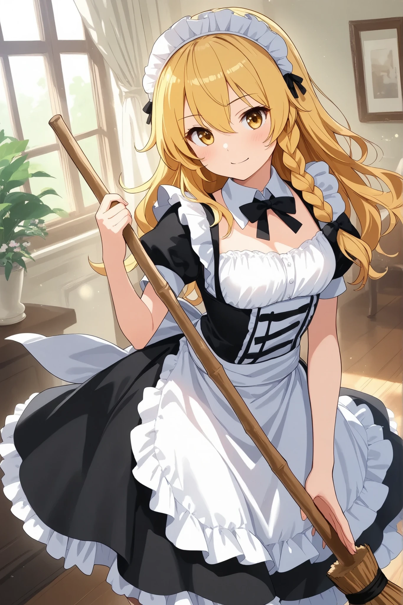 (Quality, 4k, A High Resolution, Masterpiece), Marisa Kirisame, blonde hair, long hair, side braid, golden eyes, maid costume, holding a broom 