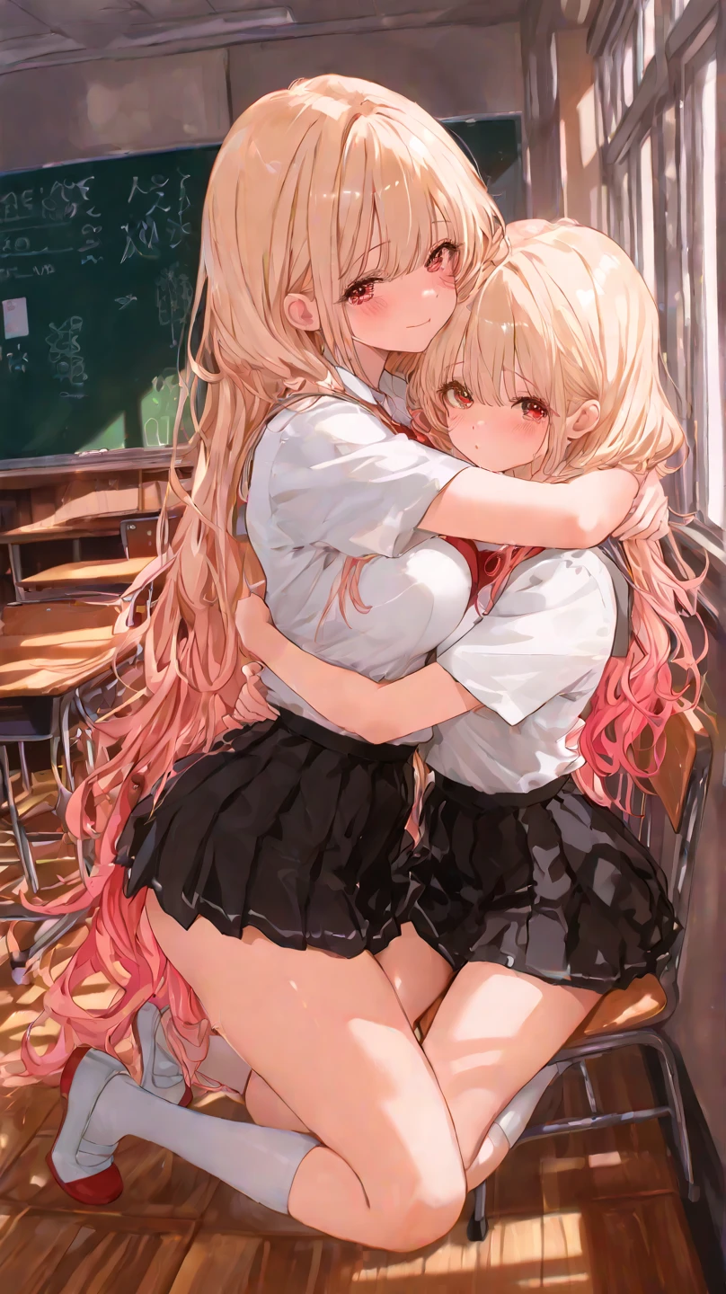 masterpiece, best quality, nsfw,
2girl, kiss,
summer , plaid skirt, yellow hair, ponytail, embarrassed face,
classroom, sunset,