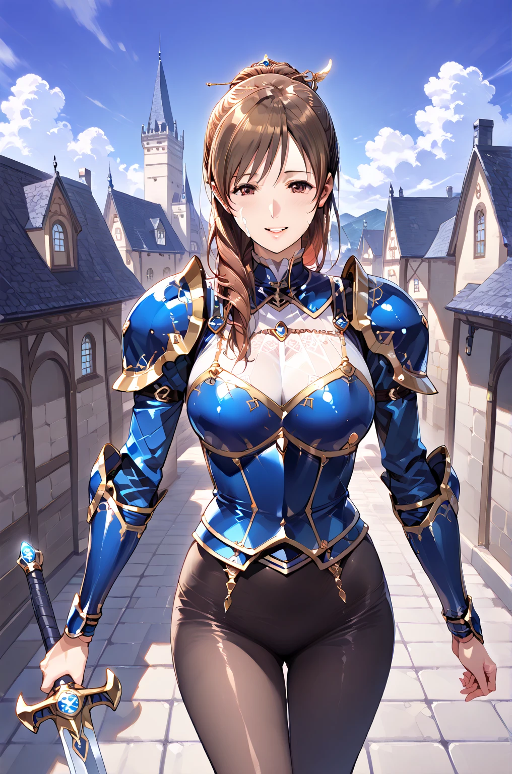 best quality, official art, masterpiece, textile shading, HDR, very detailed, colorful, best details, fantasy, battle suit,1 female, 25 years old, best quality, official art, masterpiece, textile shading, HDR, very detailed, colorful, best details, fantasy, battle suit,1 female, 25 years old, standing on stairs,A castle town with an old castle view, sunny,choppy hair, big breast, skinny,Surrounded by a large crowd:1.9、Confetti flutters、Blessed、Being welcomed:1.5、cameltoe:1.3, looking back, ground level shot:1.9,