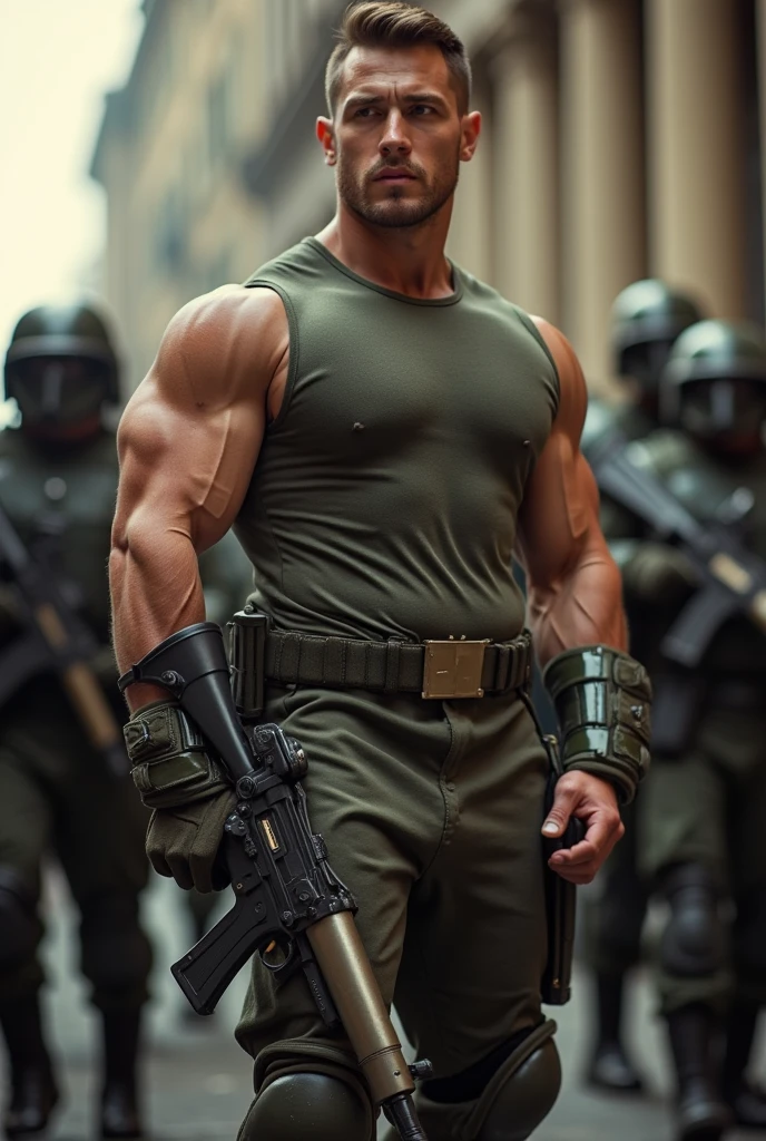 (Create a masterpiece: 1.2),(CGI art:1.3),(realistic:1.5),(After processing:1.3),(Sharp focus:1.3),1 man ,sunglass, straight, front ,Chris Redfield ,(black hair), smile open mouth, (Wear color olive green shirt with a Police badge: 1.2), olive green cargo, Korean guy , korean men, (High gloss details), chest muscles, large arm muscles, blood vessel, Big muscles, Broad shoulders, looking at the audience, Balancing the eyes, middle of the road,(Run and fight:1.6)