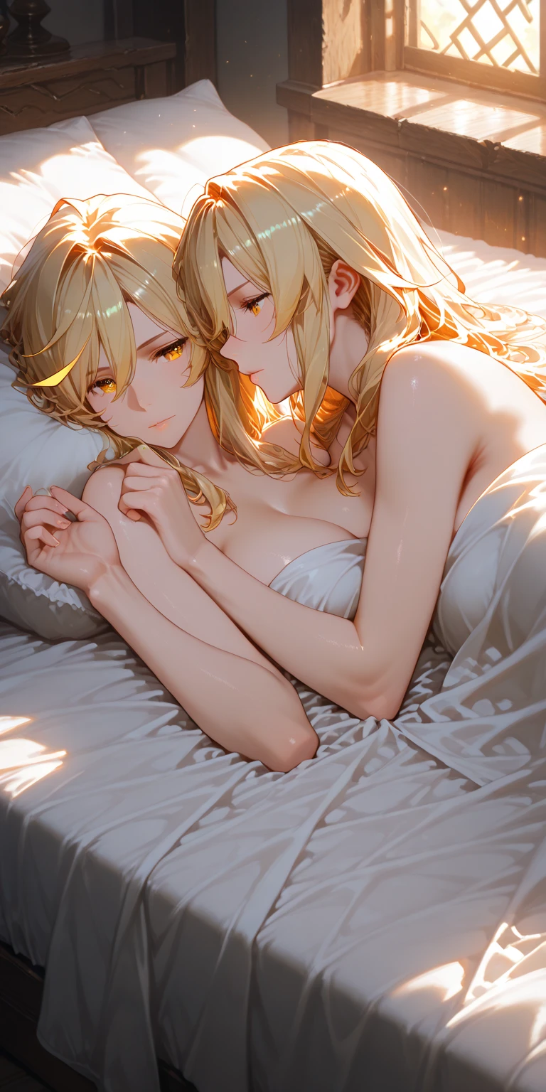 2 real girls, 8k hd, hugging, lying on the bed, they are shy, lingerie, small breasts showing