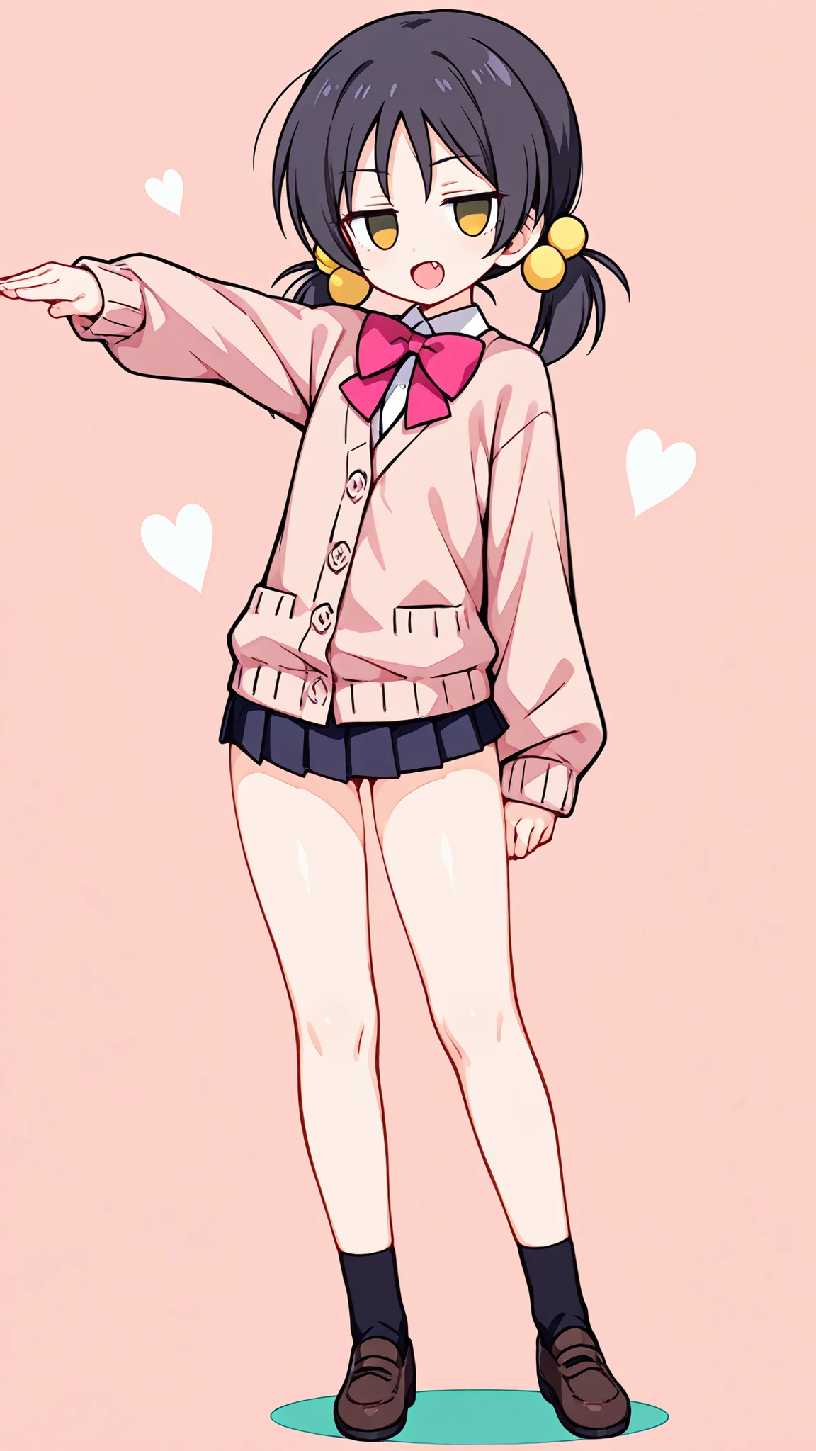 ((anime style)),nsfw,sexy,((light pink simple back)),score_9, score_8_up, score_7_up, source_anime,high quality,detailed,high resolution,best quality,best detailed girl,masterpiece, 1girl , ((solo)),Kaai Yuki, a girl with dark hair, twin pigtails,cartoon-style outfit, ((((light pink cardigan with a dark pink bow tie)))), ((((black mini skirt)))),((black short sox)),((brown loafers)),Art, Artstyle,((((((A glimpse of her thighs)))))),(((((whole body))))),((standing)),((front view)),((((light skin)))),looking at viewer, open mouth smile,((fang)),smug,yellow eyes,empty eyes,blank stare,jitome,contrapposto,((toes)),(stretched legs),((((((((henshin pose))))))))