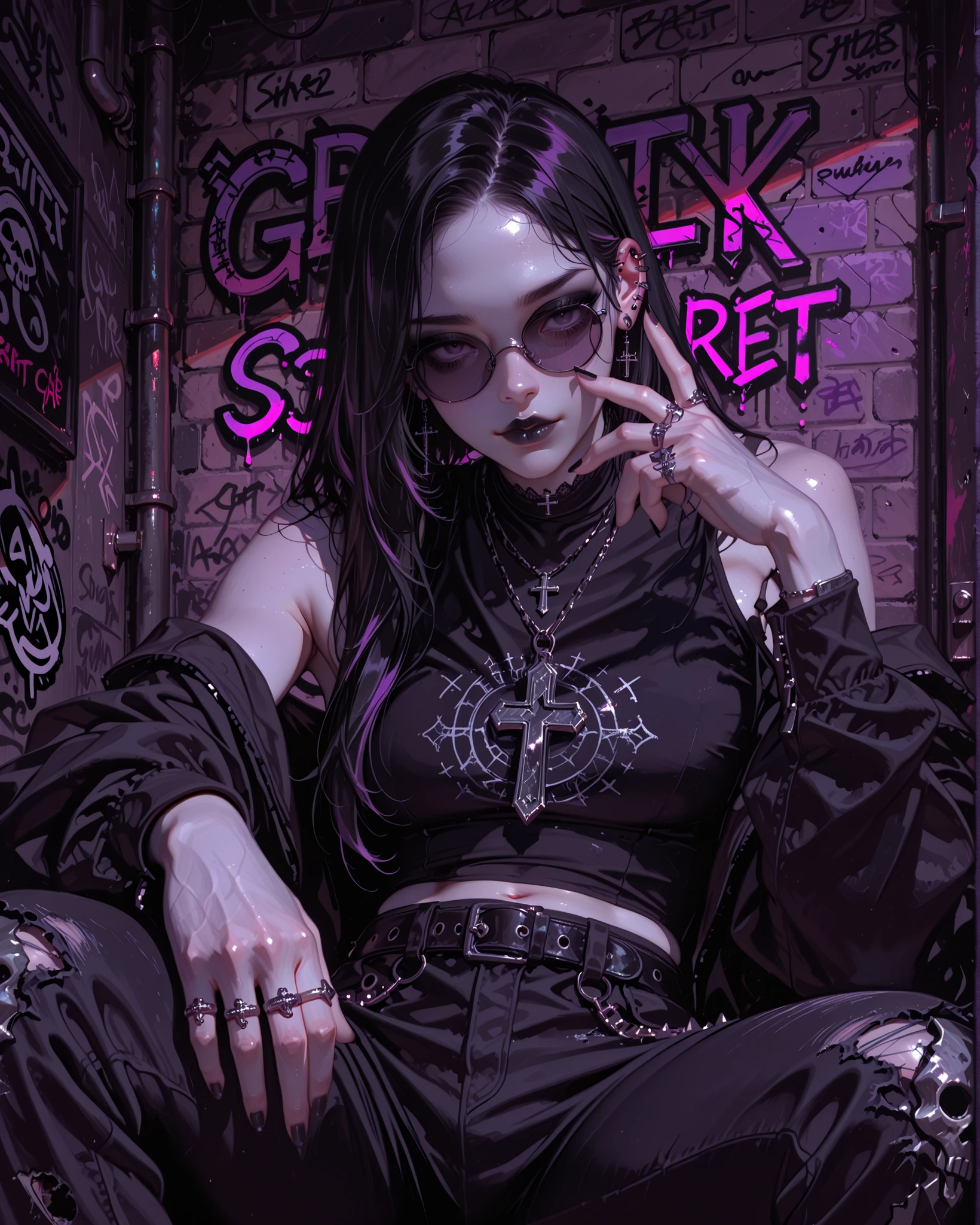 (( high angle)) Gothic rapper girl, pale skin, urban goth-rap style, wearing oversized black tank top, baggy gothic streetwear pants, chunky belt, gothic details in fabric, silver chains, and bling bling rapper necklace with cross pendant. She is seated in a dominant pose, legs spread wide in a gangsta/pandillera attitude. One hand rests on her knee, while the other hand is stretched forward toward the viewer in a rude, powerful gesture, showing multiple heavy gothic rings on her fingers. She wears dark sunglasses, multiple ear piercings, long black nails, expression cold, intimidating, and confident, with gothic makeup: black lipstick and smoky eyeliner.
Background: gritty urban street at night, graffiti walls with dark gothic motifs, neon purple glow, faint mist, broken streetlights casting shadows, atmosphere mixing gangsta rap vibe with dark gothic energy.