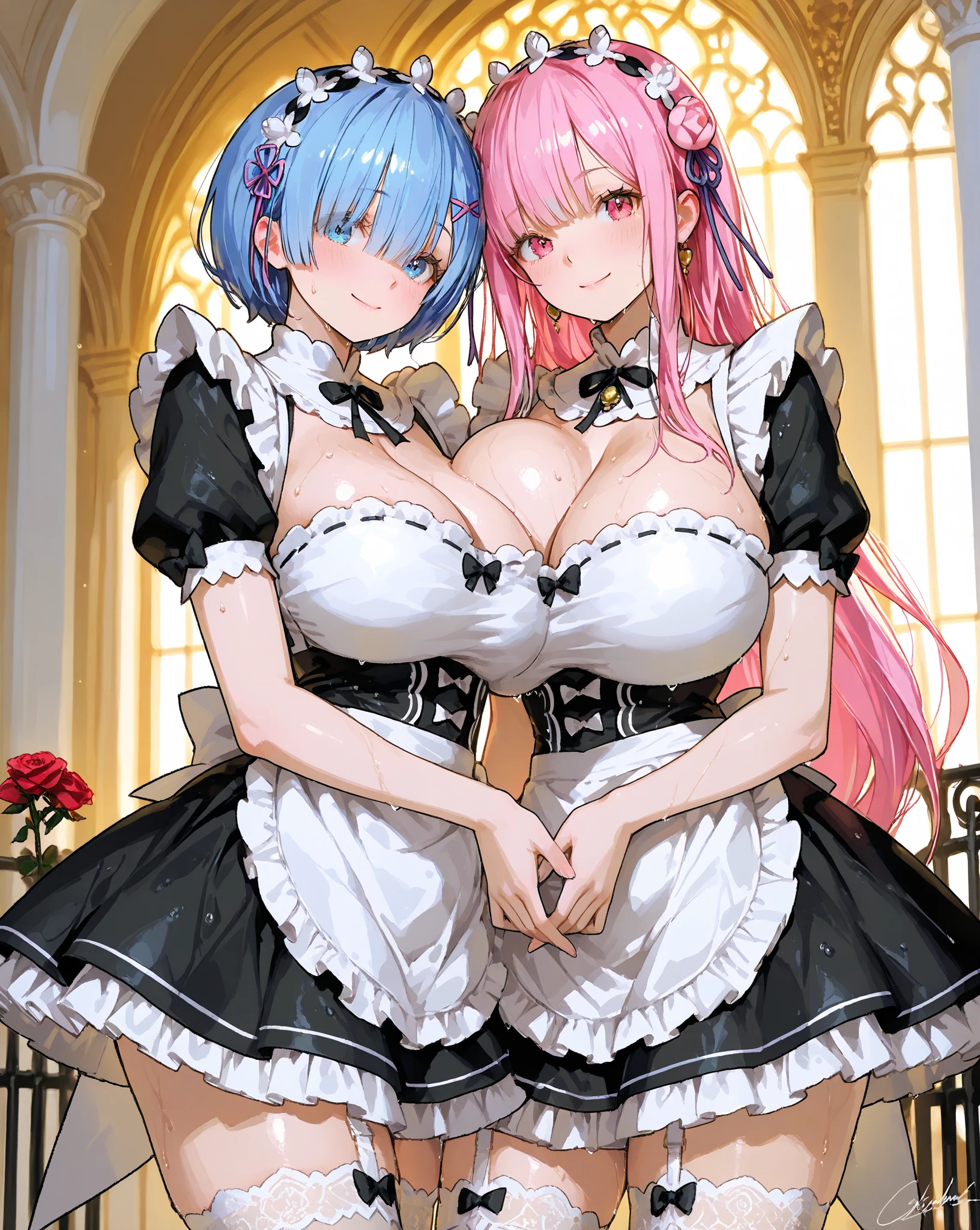 masterpiece,best quality,high resolution,8K,nsfw,((2girls:1.6)),((multiple girls:1.6)),((crushed breast,breast press:1.6)),((symmetrical_docking ,2girl:1.6)),((1boy:1.6)),((large penis:1.6)),((2breasts in 1penis:1.6)),((1penis is between 2breasts:1.6)),((ffm threesome:1.6)),hetero,(silver hair:1.6),elf,(maid:1.6),(loli big breasted:1.4),(diminutive:1.2),((pov:1.6)),((from above:1.6)),((upper body:1.6)),((paizuri:1.6)),(perfect fingers:1.2),(perfect hands:1.2),(perfect nipples:1.2),BREAK,((breast squeeze:1.6)),((cum in breasts:1.6)),(cum on tongue:1.4),on,bed,,(fellatio:1.4),BREAK,(female orgasm:1.4), (smog, fog:1.2),(open mouth, saliva)