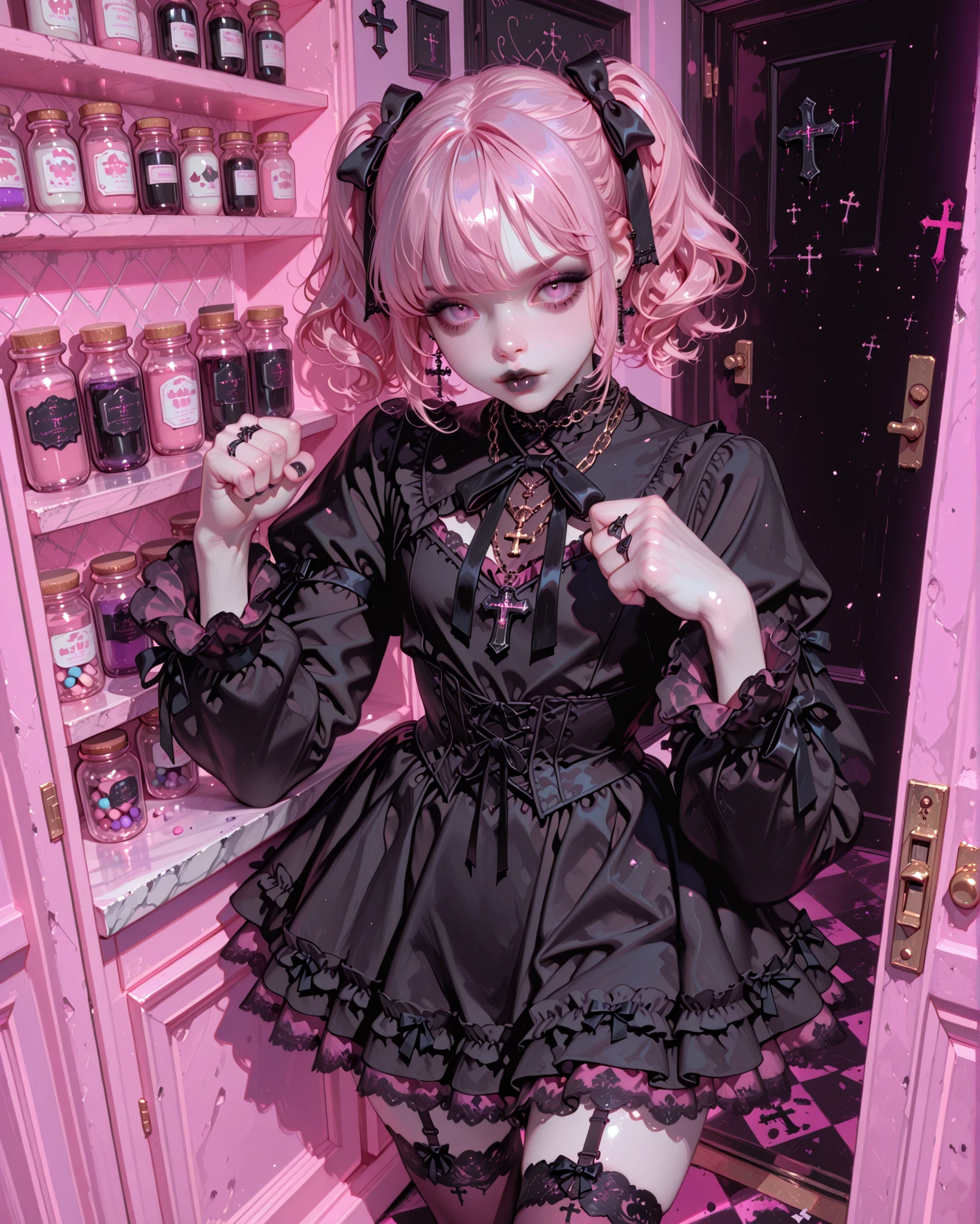 (( High angle)) Gothic coquette girl, pale skin, wearing a delicate pink coquette-style outfit (short frilly dress, lace details, ribbons, stockings, soft fabric) but with a dark twist. She has black gothic accessories: chokers, layered necklaces, crosses, and heavy black rings on her fingers. She clenches her fist forward, showing her knuckles and rings in a menacing pose, eyes sharp and mischievous, expression malign yet seductive.
Her hair styled with cute ribbons, but in gothic tones (black and pink mix, slight curls). Makeup is goth: dark eyeliner, smoky eyes, black lipstick that contrasts with her “innocent” outfit.
Background: a colorful kawaii candy shop, shelves full of pastel candies, lollipops, and jars of sweets, but the atmosphere has a surreal gothic aura, mixing the cute with the menacing. Neon pink and purple lights glow softly, adding contrast. She stands out as a dark, threatening figure in a sugary world.