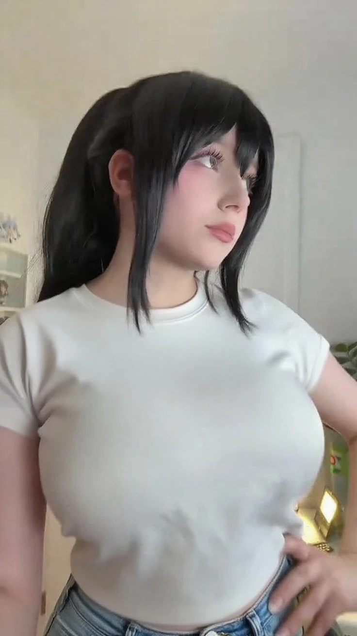 master part, absurderes, hinata\(boruto\), 1 girl, standing alone,mature woman, Purple sweatshirt,layered sleeves, brown jeans, Full ar, cloudy sky, perfect composition, circumstantial lips, large breasted, Face pretty, Body Proportion, blush, (pink lips), short black hair (Bblack hair), Lilac Eyes, smooth appearance, super realistico, circunstanciado, photoshoot, realistic face and body, realistic hair, realisticeyes, realistic nose, realistic lips, brown jeans, lively, dancing lightly. on your back, with chin under shoulder, looking back sensually, sorriso sexually, open mouth. Different posture, sexually.