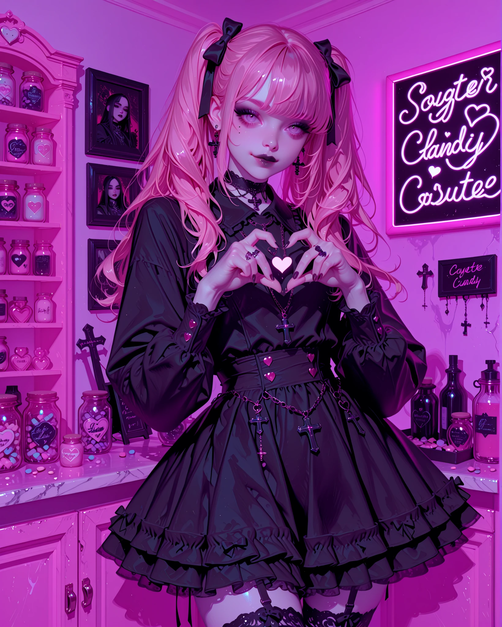Gothic coquette girl, pale skin, slim body, wearing a delicate coquette-style outfit: short frilly dress in soft pink with black lace details, ribbons, and stockings, with gothic accents in silver and dark tones. Accessories include a black choker, layered necklaces with crosses, and heavy black rings on her fingers.
She extends her hands forward toward the viewer, forming a heart shape gesture (heart hands). Despite the cute gesture, her expression is sharp, mischievous, and menacing, with eyes full of dark confidence. The heart gesture feels intimidating yet ironic, especially with the rings glinting on her fingers.
Her hair: styled with cute ribbons, black and pink mix, slightly curled.
Makeup: gothic — smoky eyes, dark eyeliner, black lipstick contrasting with the innocent outfit.
Background: a kawaii candy shop, pastel blue and pink shelves filled with candies, lollipops, jars of sweets. The atmosphere glows with neon lights in purple and pink, creating a surreal mix of cute and gothic menace.
Atmosphere: elegant yet aggressive, coquette but dark, playful yet intimidating.