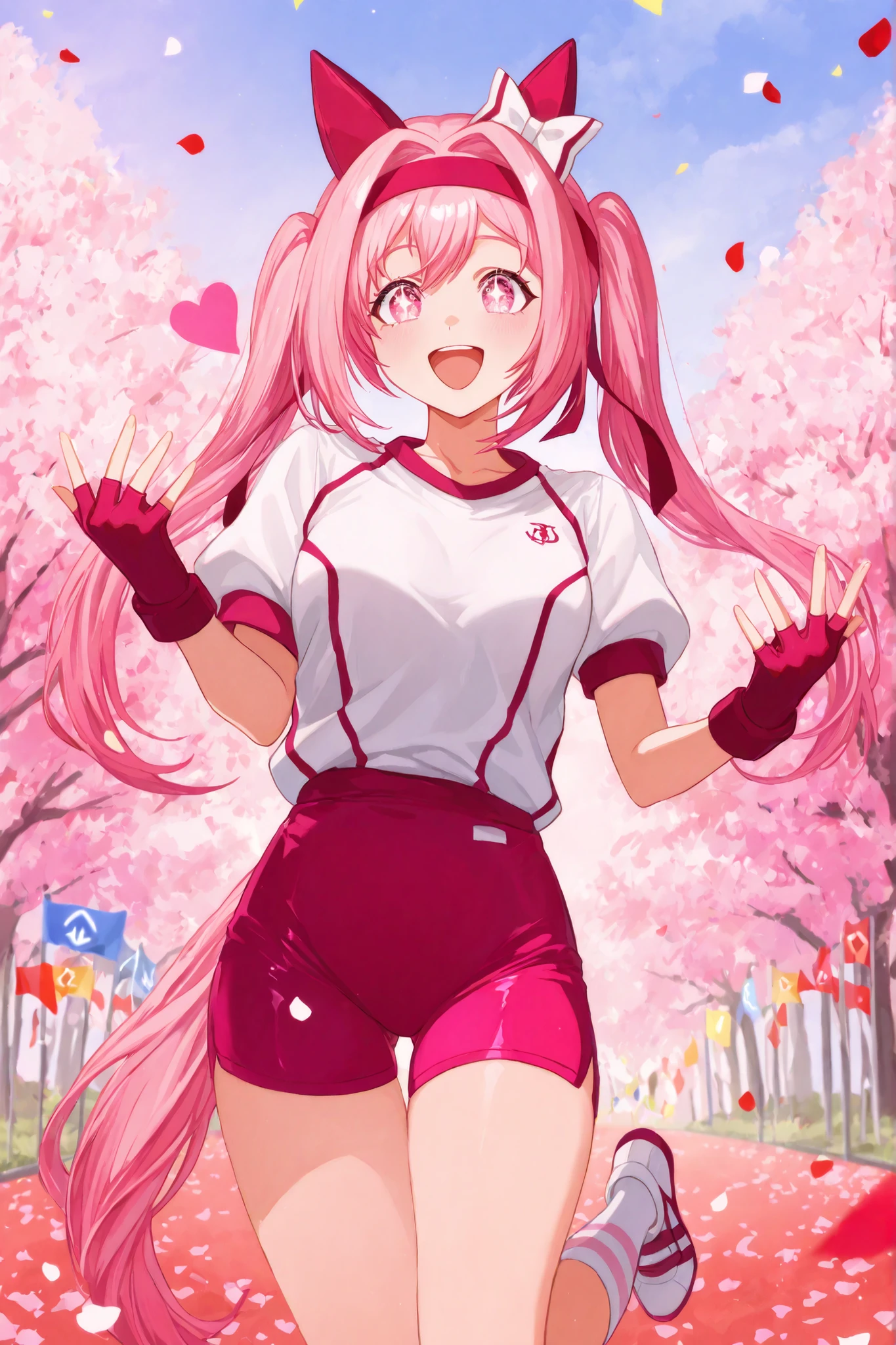 An animated Haru Urara girl is captured in a moment of joyful exuberance, , her energetic pose radiates fun and liveliness, combed at the height of shoulders stylized in dynamic twin tails, that is fastened with a headband and ribbons, , increasing her playful appearance.  her skin is smooth , and her wide smile reveals an open mouth, indicativos de riso, with bright and sparkling eyes. She wears a white and magenta sportswear; a large shirt is left open over a tight shirt and very tight shorts, giving a sporty look complemented by matching pink fingerless gloves. Her pose is animated , with one hand in the air and the other close to her face, forming an amusing sign. The background is a soft pink and white gradient, scattered with petal-shaped confetti that suggest a commemorative atmosphere, highlighting the overall cheerful mood of the image, on your legs with flags scattered everywhere, Do you have horse ears on your head