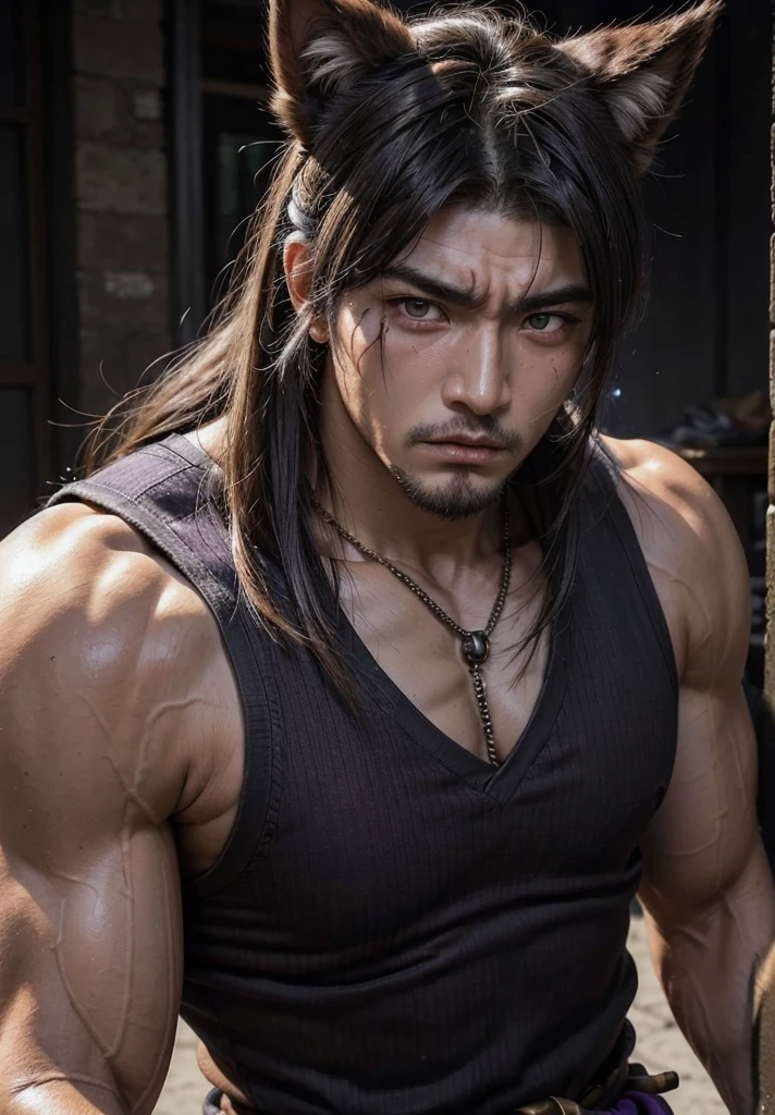 create a hyper-realistic domineering man. He has long black hair that goes down to his waist and is loose.. Your body is extremely muscular. Your expression is dark, serious and dominant. He is much older with his big and strong body.