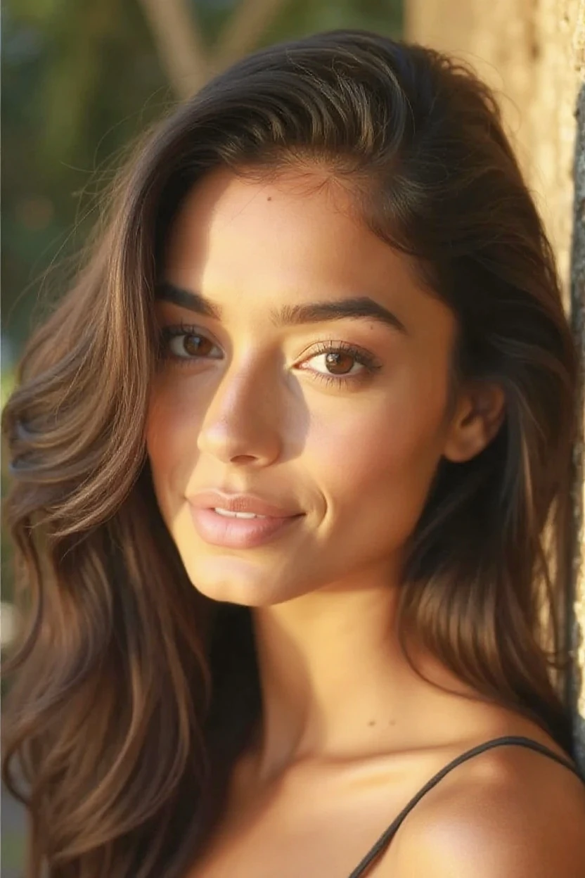 "21 year old arabic Latina, girl, long wavy brown hair, tanned skin, highly and detailed face and beautiful green eyes, bending over, seductive look, hyper realistic"