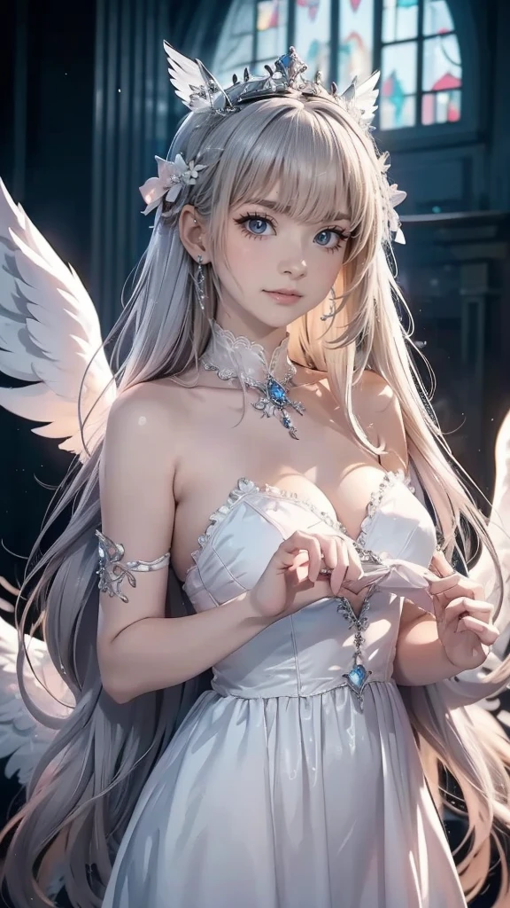 1Angel,Angelの羽,Angelの翼,Fluffy Wings,Big white feather,Jeweled Hair Ornaments,Angel halo,aureola,Angelの輪,young,Clear skin,praying,pray,Close eyes,happiness,smile,smile,Happy,White skin,Lip gloss,Realistic, 35mm, Intricate details, High resolution, Intricate details, Super detailed, Natural skin texture, Hyperrealism, sharp, 1woman (Angel:0.7) ,woman,pastel colour,Portraiture,Top view,alone, Half Shot,White blouse,Lolita,Detailed Background, ,Magical atmosphere,Hair swaying in the wind,Silky Hair,Cream colored hair,Shiny Hair,Blonde Hair,Bright colored scenery,Magic Whirlwind,Shine,Bright landscape,Daytime,summer,sun,Pop Art, (Style - Swirl Magic:0.8),Bright effects,Thin eyebrows,Thin eyebrows,Wavy Hair,ボブヘアーShine瞳,Childish,A gentle gaze,like,慈like,mercy,Gentle light,シルクのようなShiny Hair,Long sleeve blouse,Bright Gods,Divine Light,Halo,aura,heaven,rainbow,pastel colourの風景,Wavy Hair,Small bust,There is a white haze,White background