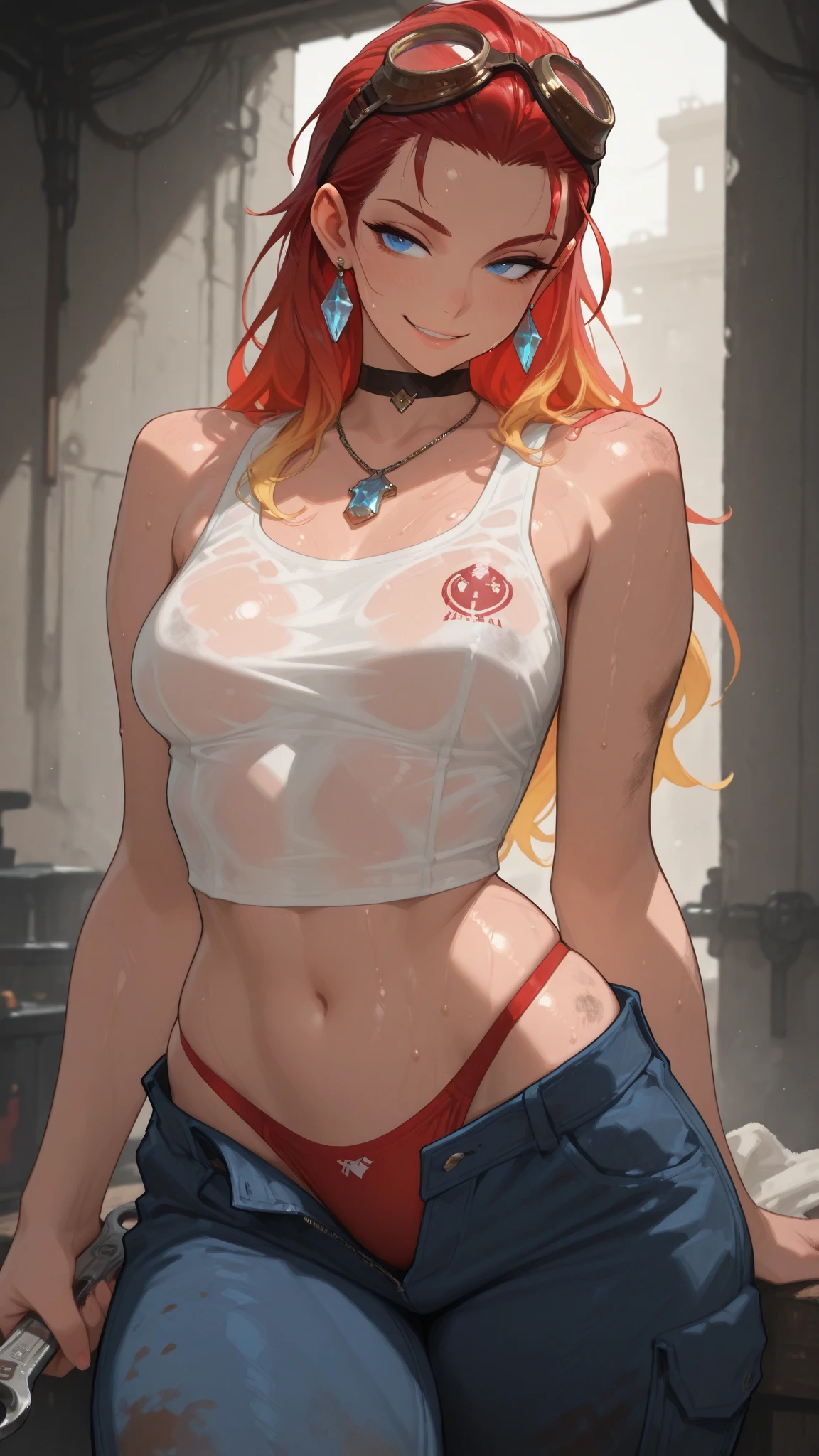 Naruto, 1girl ,((20 years old)) woman, sexy girl, solo, detailed eyes, adult woman, feminine face, urban area , modern building , sunglasses, vast blue sky, clouds, morning, dramatic light, sexy feminine look, detailed background, uzumaki naruto, provocative smile, big breasts, deep cleavage, cleft chest, water Traces, drenched, see through, visible through the top, ((nipple)), slender legs, thin waist, view from rear, she is wearing ultra-fine white wet t-shirt, (((ultra-fine clothing material))), ((no bra)), ((no panty)), full body pose, 20yo woman, perfect ass, sfw