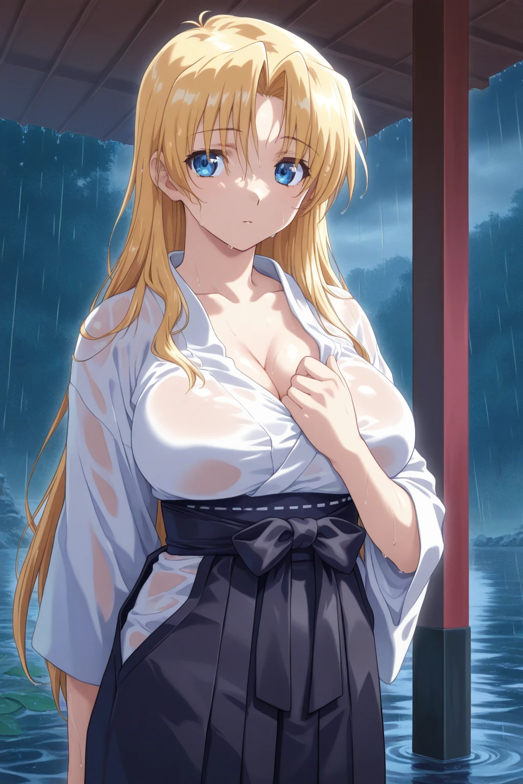 beatrixamerhauser, beatrix amerhauser, long hair, blue eyes, blonde hair,ponytail, (medium breast:1.2),
BREAK japanese clothes,white kimono,wet kimano, yukata,cleavege,neckline,black choker,
BREAK looking at viewer,
BREAK outdoors, onsen,night,steam,wet,stars,starfall,hot water,
BREAK (masterpiece:1.2), best quality, high resolution, unity 8k wallpaper, (illustration:0.8), (beautiful detailed eyes:1.6), extremely detailed face, perfect lighting, extremely detailed CG, (perfect hands, perfect anatomy),from above,nipples,