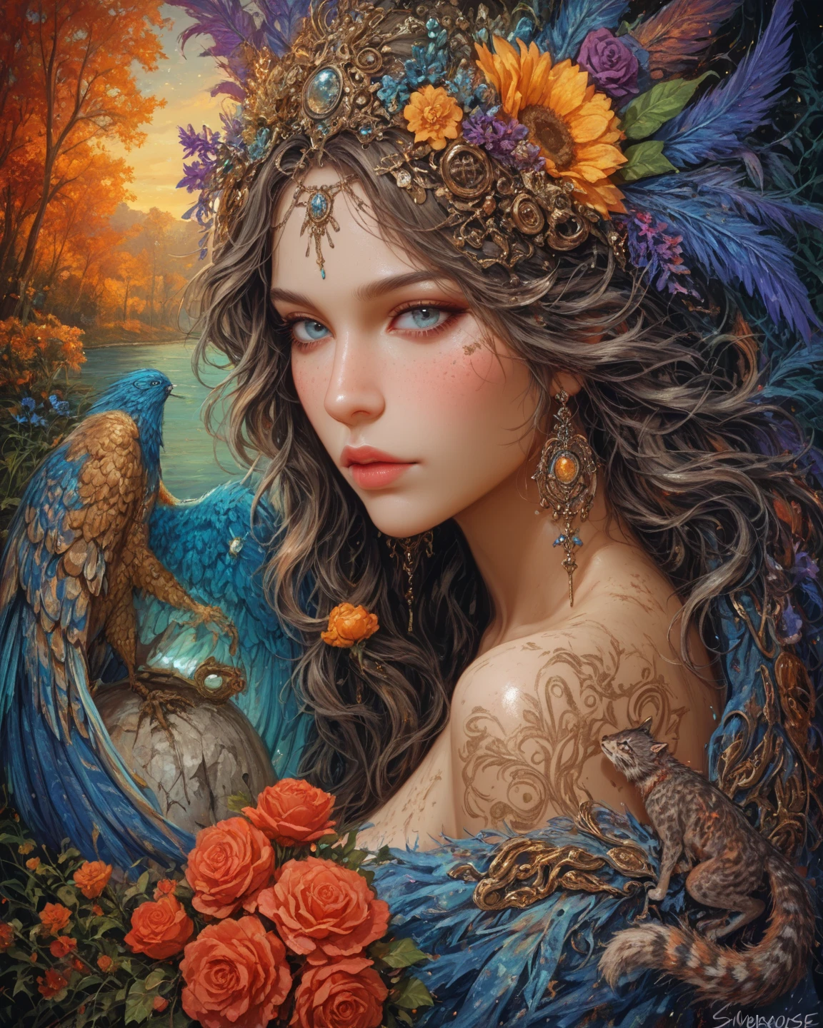 very sexy woman with an eagle on her arm leaning in a beautiful garden (Dave Mckean inspired art, intricate details, oil painting) (best quality,4k,8k,highres,masterpiece:1.2),ultra-detailed,(realistic,photorealistic,photo-realistic:1.37),intricate details,vivid colors,sharp focus,professional,Dave McKean artwork, oil touch of surrealism,oil painting style,