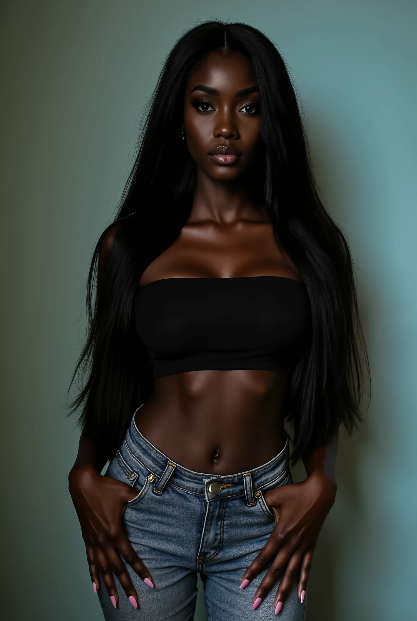 detailed eyes, Premium full-body portrait of an otherworldly beautiful, very slender black woman with flawless dark skin and exceptionally long jet-black pin-straight hair. young adult, youthful, young, Her model-like figure has an extra slim, elongated waist and lean curves. She wears a black bandeau top and skinny tight high-waisted jeans highlighting her narrow waist. Hands firmly on her hips, fingernails long and polished pink, posture tall and unyielding, she fixes the viewer with a striking, strict gaze that radiates dominance, power, and irresistible allure. Photorealistic, ultra-detailed, cinematic, high resolution.