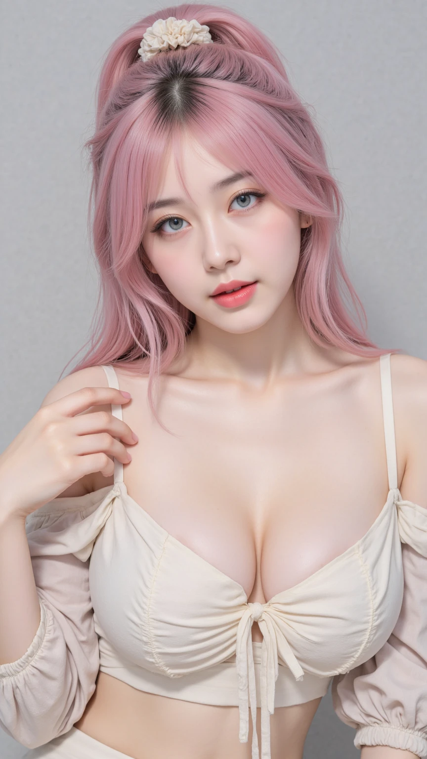 Beautiful handsome woman, ((top quality, 8k, masterpiece:1.3)), pretty woman, 1woman, huge breasts:1.3, slender figure:1.1, elastic red long hair, (shower, wet body, wet clothes:1.1), very detailed face, detailed lips, detailed eyes, double eyelids, detailed blue eyes, extremely detailed outstanding blue eyes, pink wet hair, pink wet hair, detailed outstanding BLUE EYES, innocent stare at the viewer, extremely wet pink hair, detailed outstanding BLUE EYES
