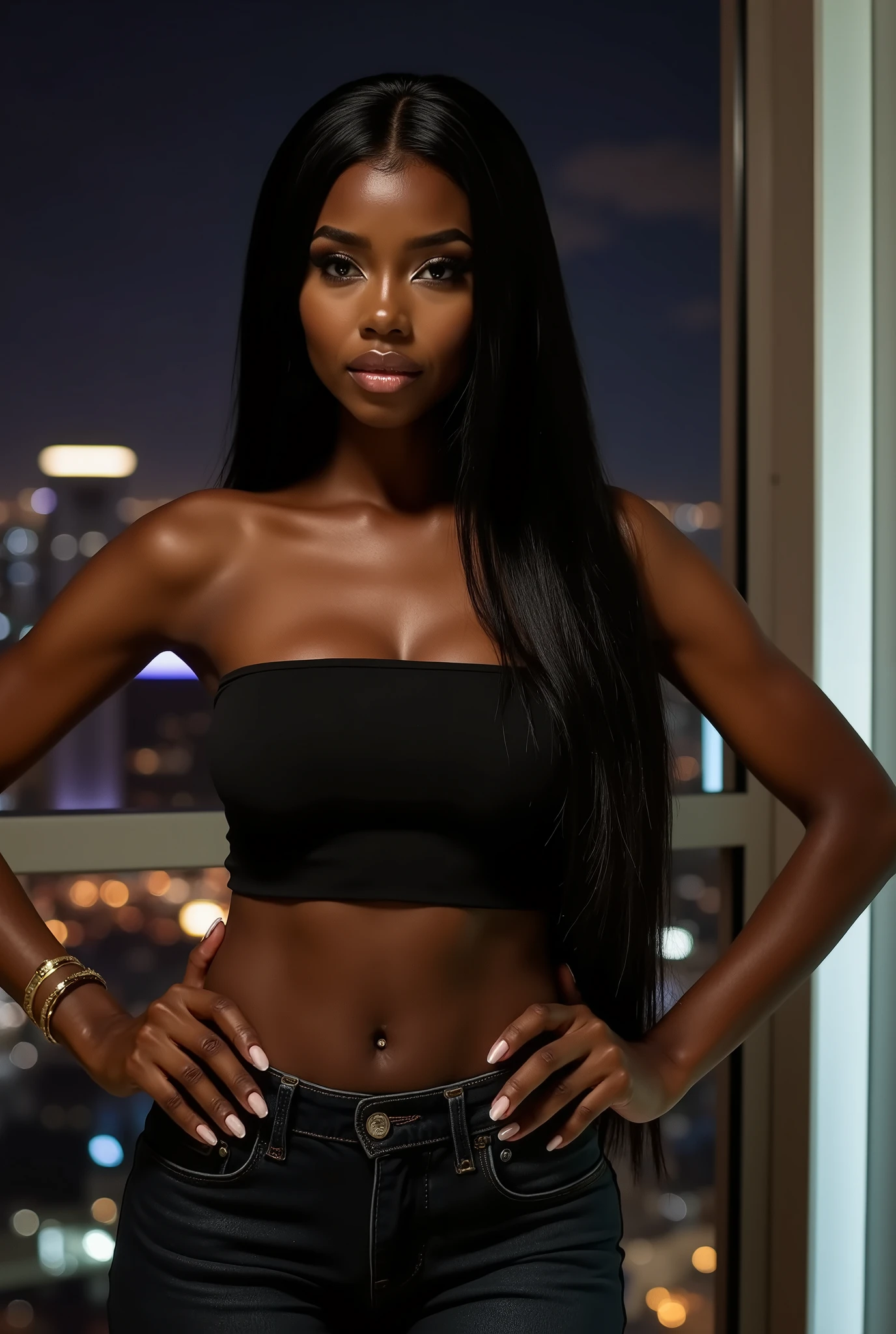 detailed eyes, Premium full-body portrait of an otherworldly beautiful, very slender black woman with flawless dark skin and exceptionally long jet-black pin-straight hair. Young adult, youthful. Her model-like figure has an extra slim, elongated waist and lean curves. She wears a black bandeau top and skinny, tight high-waisted jeans highlighting her narrow waist. Her makeup is sharp and alluring: dramatic cat-eye eyeliner with mascara for extra long eyelashes, and super glossy lips that catch the light. Hands firmly on her hips, fingernails long and polished pink, posture tall and unyielding, she fixes the viewer with a striking, strict gaze that radiates dominance, power, and irresistible allure. Set in a luxurious modern penthouse at night, floor-to-ceiling glass windows revealing a glowing city skyline. Photorealistic, ultra-detailed, cinematic, high resolution.
(((mouth closed)))
