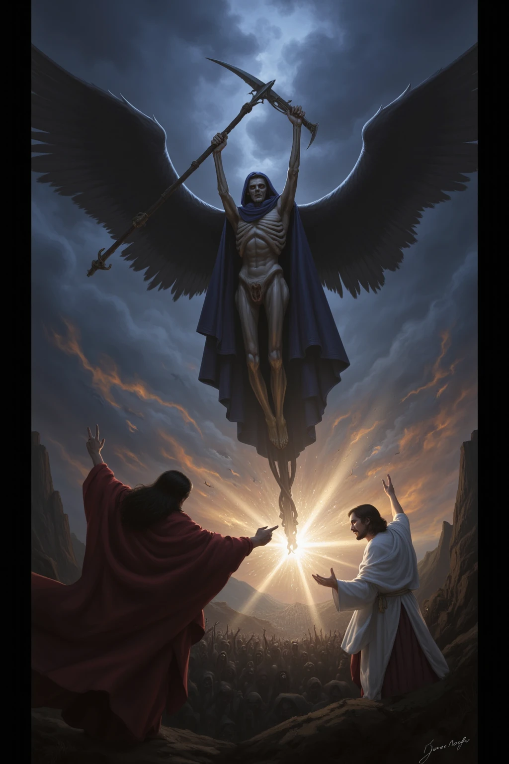 An artistic book cover for a fantasy world, with a christian theme with the cross, the title w "In The Shadows Of The Almighty", add pictures of angels fighting demons and everything else in it's background.
