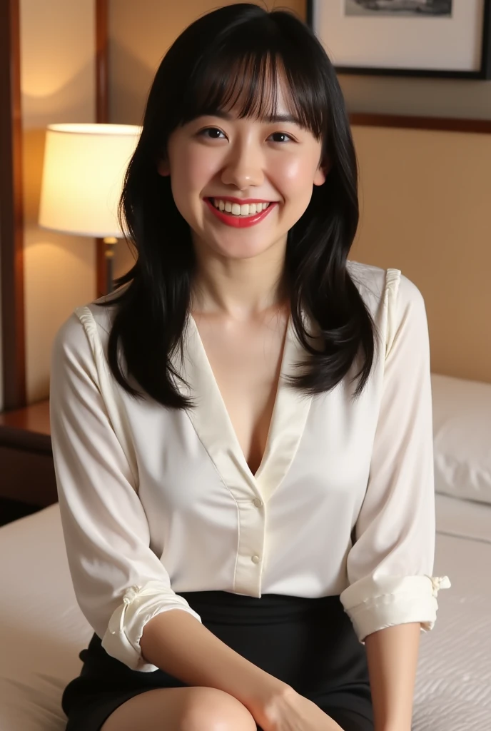 ((Best Quality, 8k, Masterpiece, Portrait: 1.3)), (looking at viewer),Photorealistic, Sharp Focus, Solo, Japan Milf, Beauty, Clothes with Cleavage View, 30 Years Old, Wavy Hair, ((double eyelid, eyelash, lip gloss)), (Wrinkles at the Corners of the Eyes:0.6), ((Open your legs wide:2, Sit one knee up:1.5, show crotch)), (loose waist:0.75),((Show Embroidery Pantie:1)), darkness messy floors,(open mouth:0.7), (underhair:1),(frown:1),(smile:1),