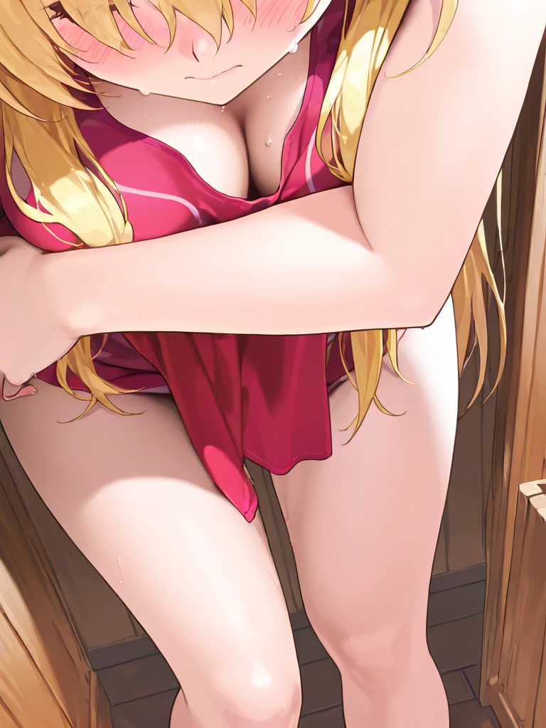 (masterpiece, best quality, high resolution: 1.4), 1girl, woman, butterfly star, horn tiara, looking at the viewer, pink bikini, micro bikini, in public, embarrassed, walking in public, ((topless)), ((grabbing breasts:1.5)),