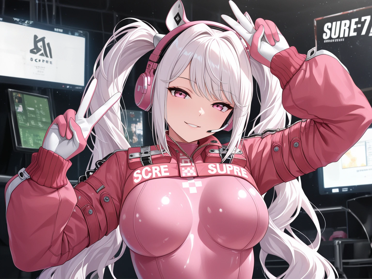 One girl, Animal ears, bangs, blush, Bodysuits, chest, Mouth closed, fake Animal ears, gloves, Headphones, headset, Horse's ears, Impossible clothes, Jacket, Big tits Long hair, Long sleeve, View your viewers, pink Bodysuits, Pink Eyes, Simple Background, Fits perfectly to the skin, smile, alone, Twin tails, Upper Body, Very long hair, White Background, white gloves, Gray Hair,Alice \(Nod\),(masterpiece:1.4),(Highest quality:1.4),(Shiny skin),Realistic