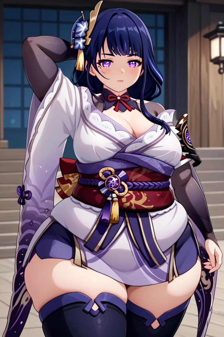 1 girl, Raiden Shogun, Genshin Impact, kneeling, Japanese style room, seiza, purple kimono, purple thigh highs