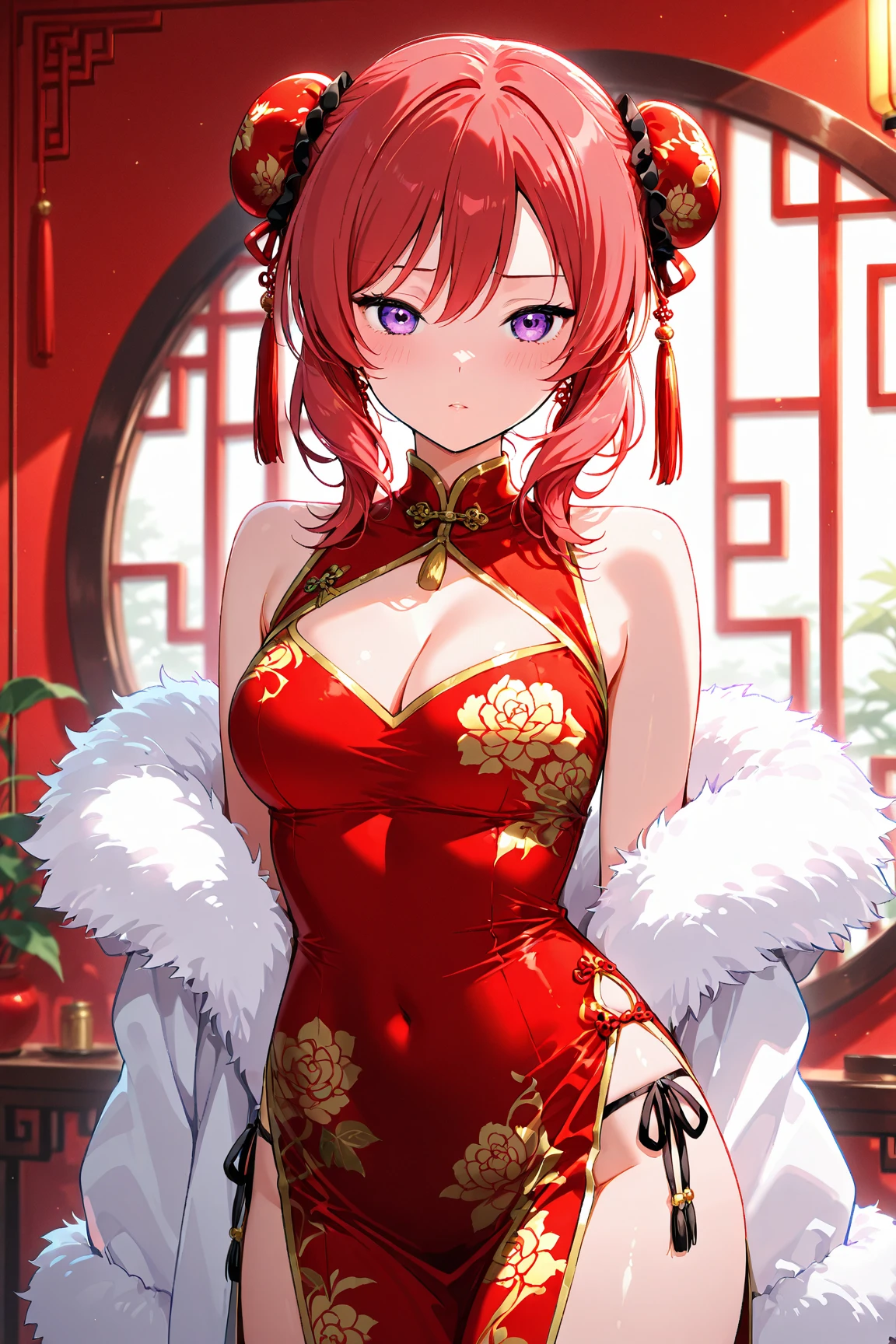score_9,score_8_up,(masterpiece,best quality,ultra high res:1.1),side_light,(bokeh:1.1),(looking at viewer:0.9),
1girl,breasts apart,22yo,
<lora:neg4all_bdsqlsz_xl_V7:1>,
<lora:RMSDXL_Enhance:1>,
light makeup,<lora:dfxc_XL_0_:1.1>,dfxc,red_dress,cheongsam,fur scarf,covered nipples,