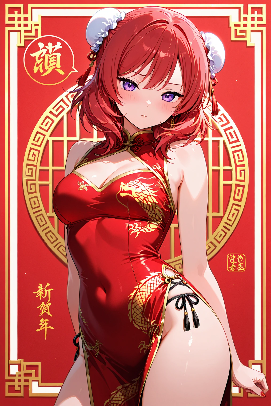 best quality, masterpiece, highres, solo, {uehara_ayumu_loveliveschoolidolfestivalallstars:1.15}, bangs, medium_hair, yellow_eyes, hair_bun, hair_ornament, single_side_bun, smile, blush, orange_hair, pink_hair, braid, swept_bangs, blunt_bangs, half_updo, green_eyes, 1girl, bun_cover, chinese_clothes, double_bun, looking_at_viewer, china_dress, hand_fan, holding_fan, breasts, dress, holding, twin_braids, wrist_cuffs, folding_fan, jewelry, sidelocks, cleavage, earrings, medium_breasts