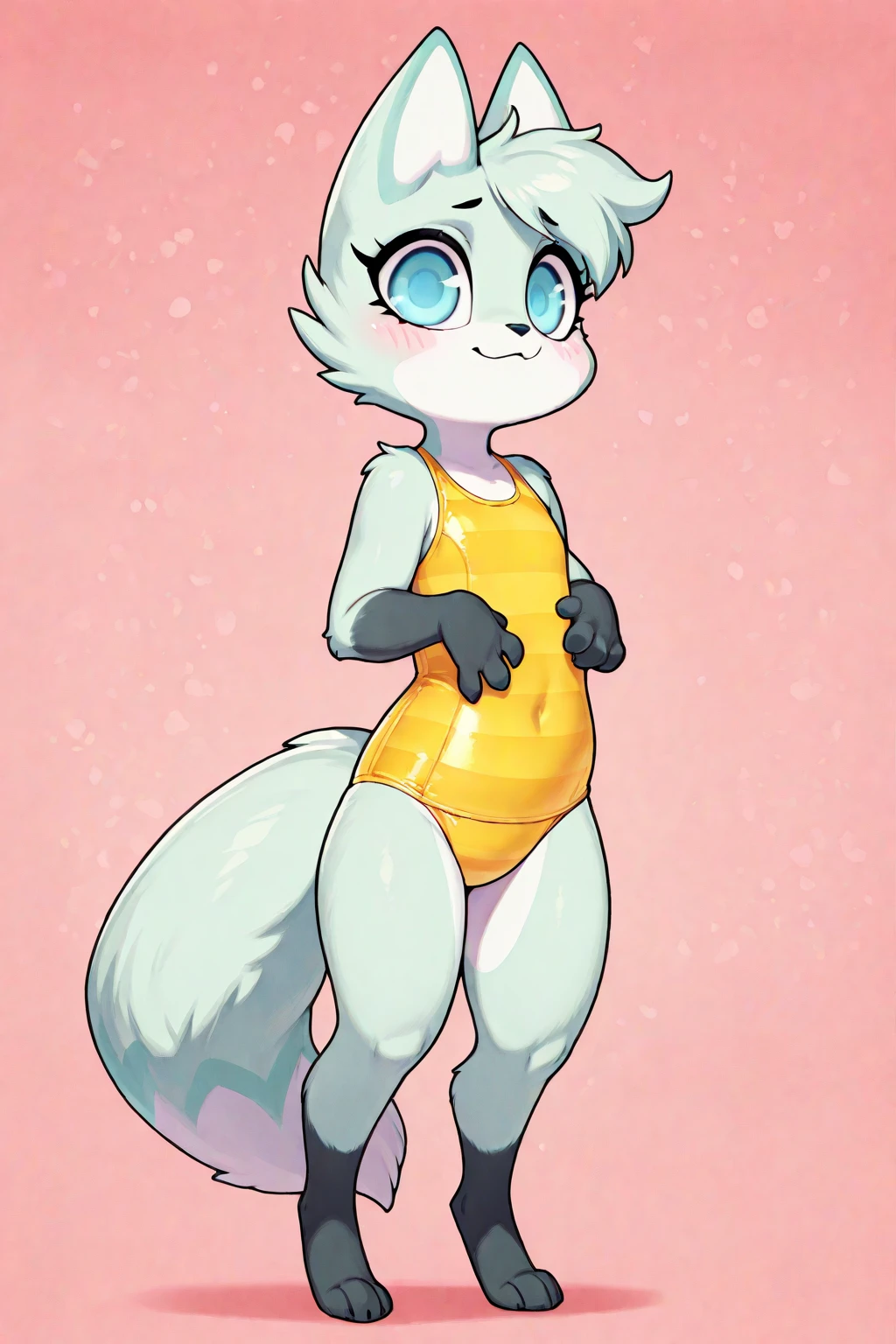 Small skinny beautiful furry cub puppy with nice big thighs and wearing a swimsuit.
