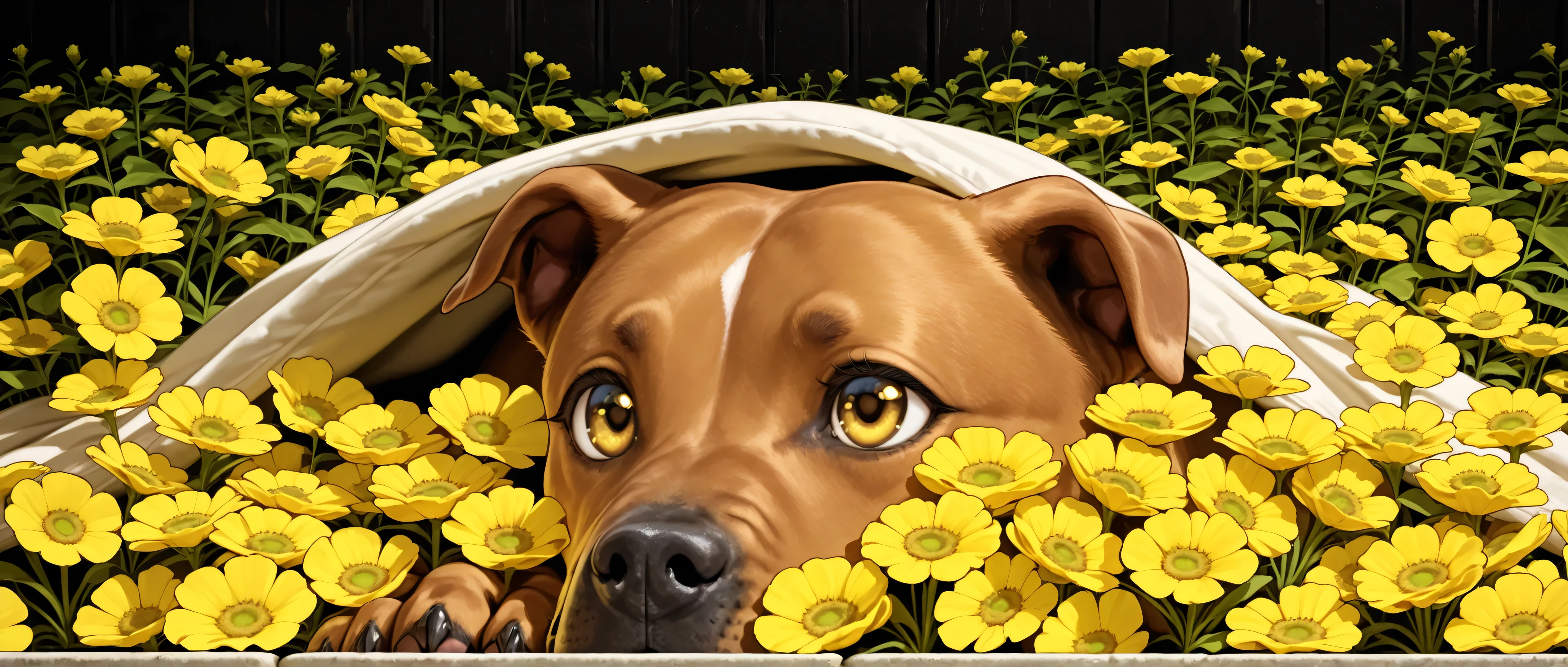 dog laying under a blanket of yellow flowers. Set against an Victorian backdrop that is covered in flowers. pitbull, apbt, beautiful eyes, golden eyes, paws, red brown fur