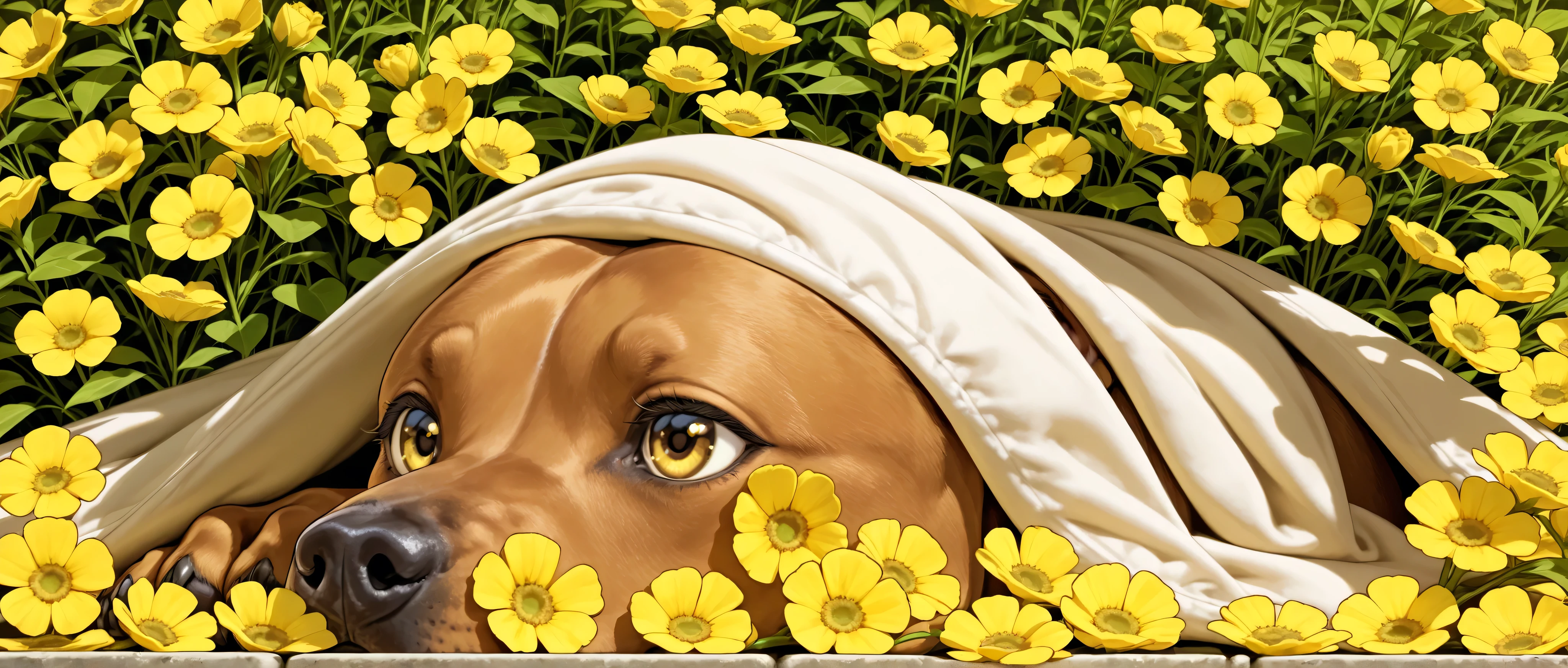 dog laying under a blanket of yellow flowers. Set against an Victorian backdrop that is covered in flowers. pitbull, apbt, beautiful eyes, golden eyes, paws, red brown fur