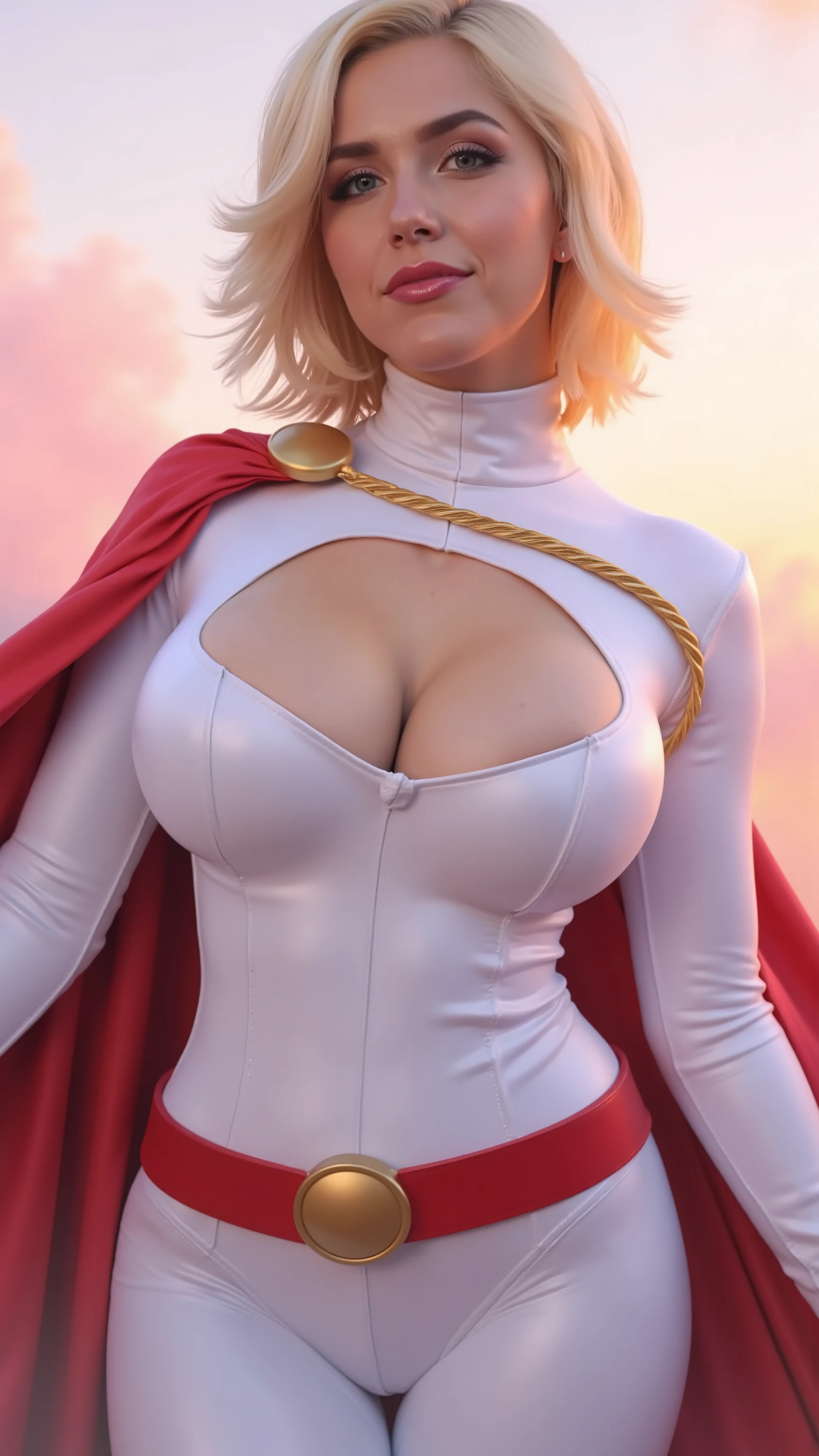 Super strong busty muscular Powergirl flying high over the city, super strong huge biceps, well toned strong abs, huge breasts, movie scene, white suit, red cape, cleavage