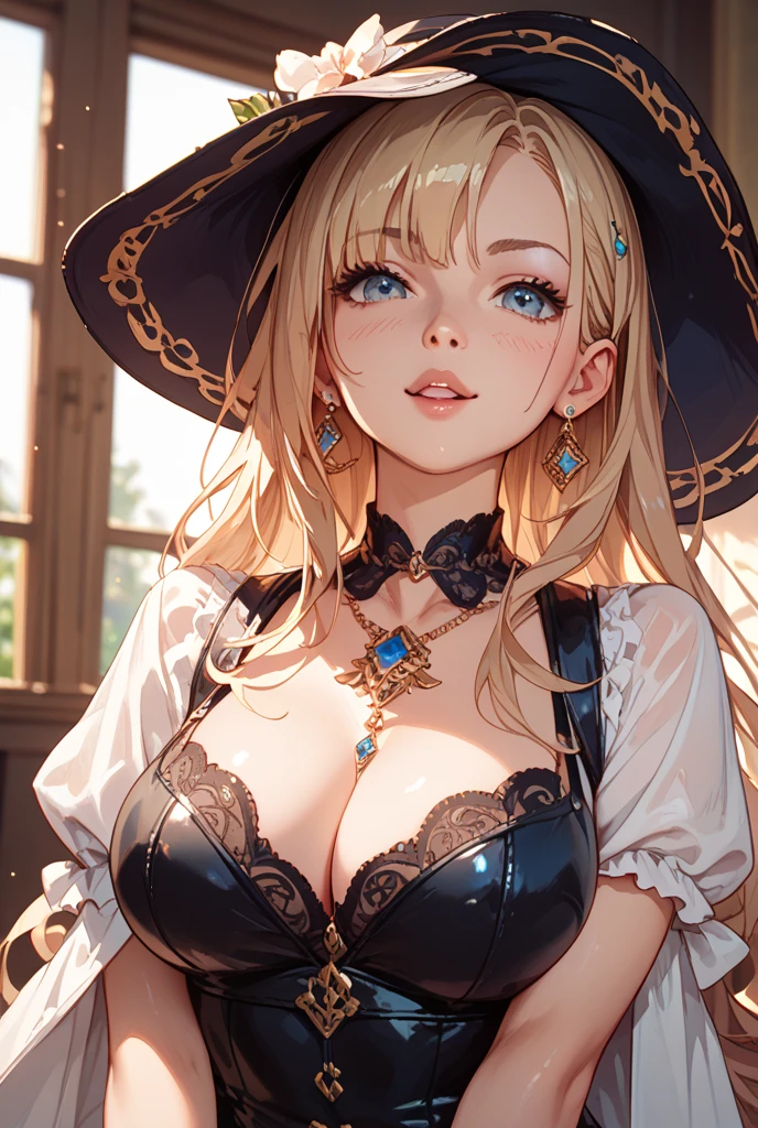 (masterpiece), best quality, expressive eyes, perfect face,((1girl)),(((mature woman))),(black and blue v deep dress:1.3)),(huge breasts:1.3),yellow hat flower,hat feather,blonde hair,crystal amulet,outdoors,garter belt,high heels,long hair,wavy hair,cleavage,looking at viewer,light smile, eyeshadows, eye liner,glistening eyes, hyper detailed eyes, intricate eyes, beautiful eye, ((glowing blue pupils))、standing,head tilt,standing on one leg,sexy pose,smiles,(face focus)