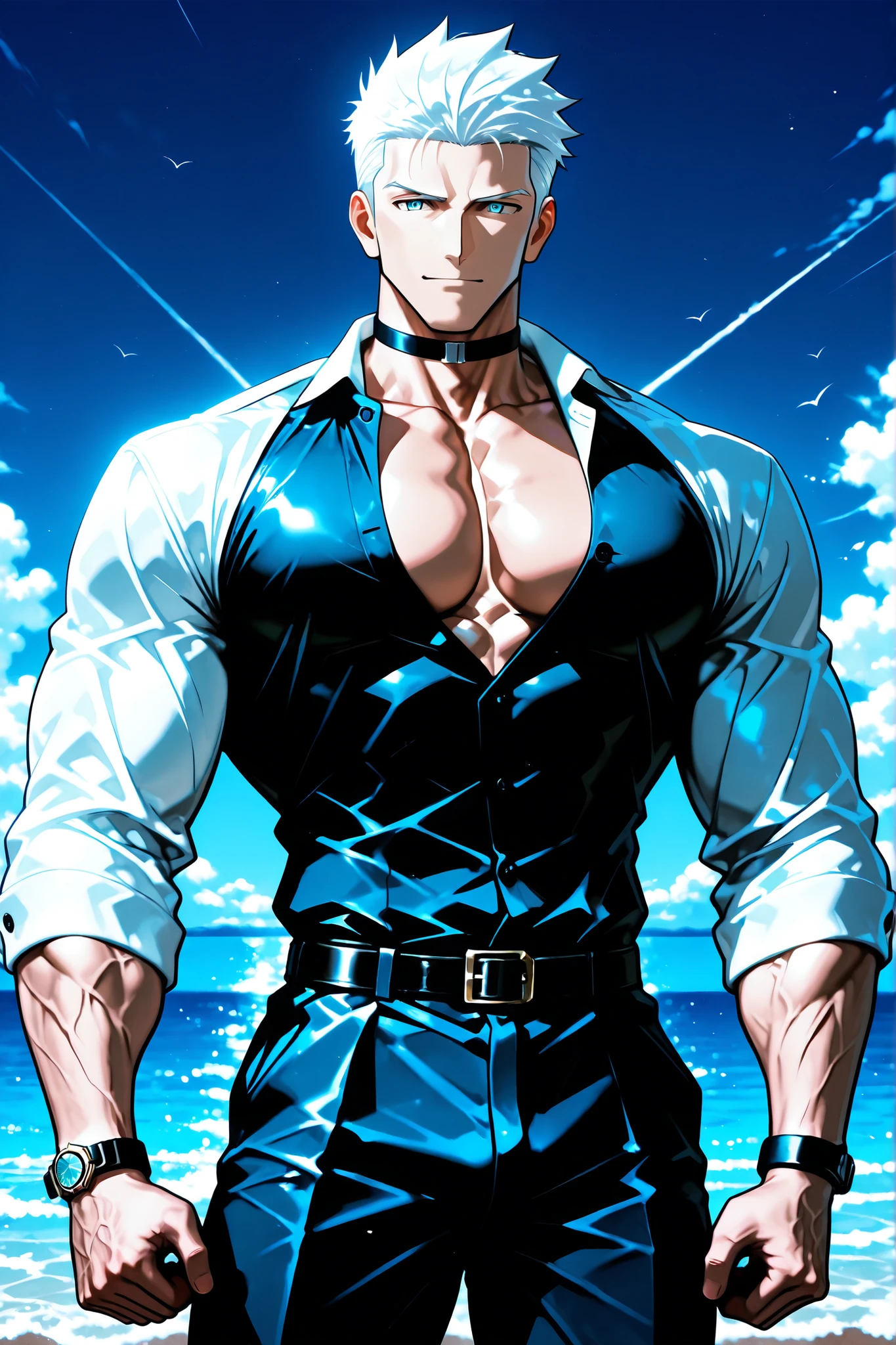 Short white-haired boy with unclothed muscular and showing the deck