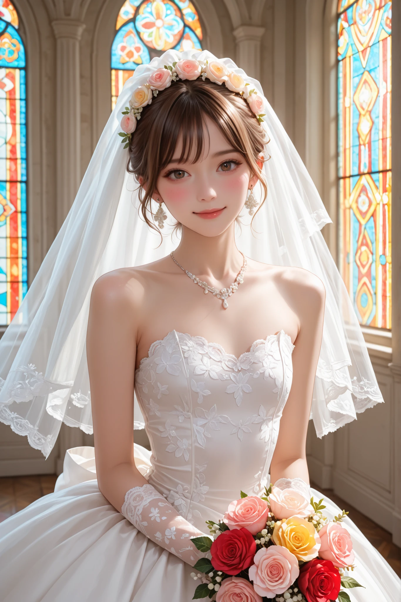 masterpiece,best quality,Ultra-detailed,sharp edges,clear focus, (Highest Quality), (8k RAW Photo), Professional photo, portrait of a beautiful Japanese girl in a lace wedding dress, floral bridal headdress, necklace, dangle-earrings, wedding dress, lacy gloves, holding a gorgeous colorful bouquet, vivid color flowers, beautiful makeup, blush, happy, slightly bowed head, stained glass background, divine lighting, blurred background, beautiful light-brown hair, skinny, thin body, flat-chest,