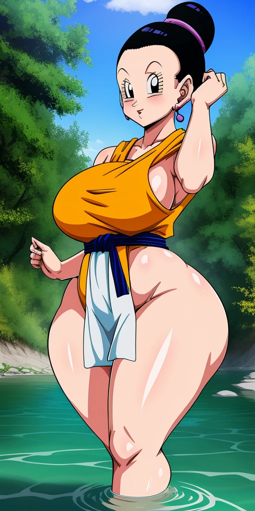 masterpiece, highest quality, High resolution, 1girl, 1boy, The man is obese and has a shaved head., Men are naked, ((((Sexual intercourse, porn image, hard porn, hetero)))), short hair, etsukoto, Detailed eyes, Detailed eyes, (((thick thighs, plamp thighs, voluptuous thighs, ample thighs))), Big and ample breasts, cleavage, Huge long breasts, Naughty big,((Big breasts are important))、((Naughty thighs)), L Cup, (thin:1.4),(Thin waist:1.4),  (Perfect beautiful yellow dress:1.4), ((White waist apron)), Embarrassed look, look away, (((simple background))), ((white panty)), ((wide hips)), Shiny oily skin, Mature mother, Calf, Seductive mature woman, Perfect body, ((flesy)), Plus Size Model, etsukoto, blush, clavicle, retro artstyle, 1990s (style), ((her crotch is grabbed by a naked man)), naked, (((((nsfw))))),