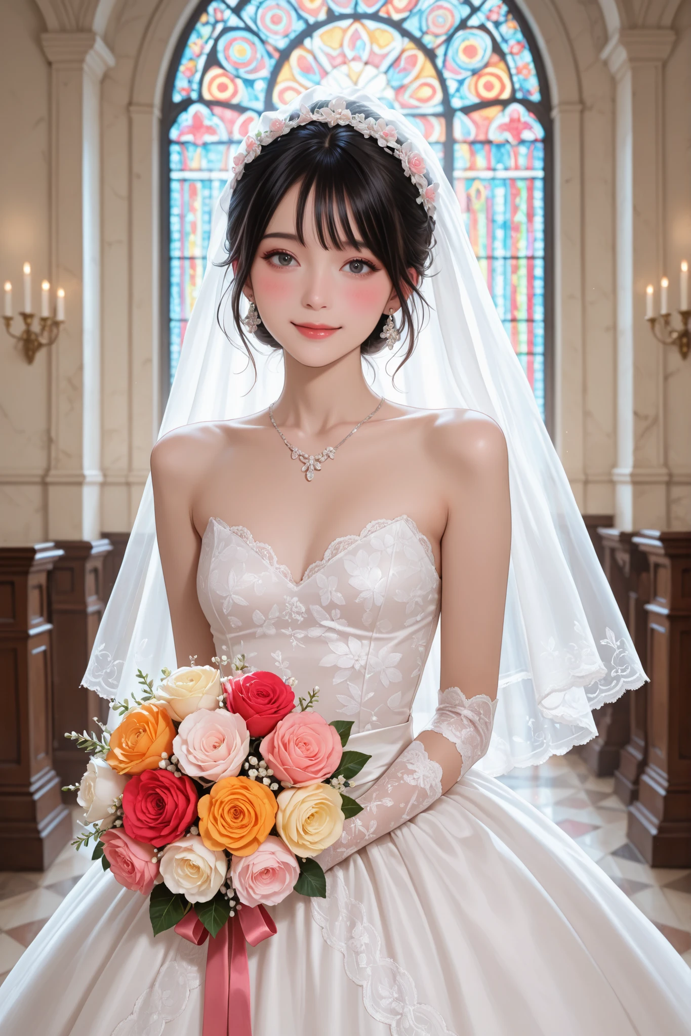 masterpiece,best quality,Ultra-detailed,sharp edges,clear focus, (Highest Quality), (8k RAW Photo), Professional photo, portrait of a beautiful Japanese girl in a lace wedding dress, bridal headdress, necklace, dangle-earrings, wedding dress, lacy gloves, holding a gorgeous colorful bouquet, vivid color flowers, beautiful makeup, blush, happy, slightly bowed head, stained glass background, divine lighting, blurred background, beautiful black hair, skinny, fit body, small breasts,