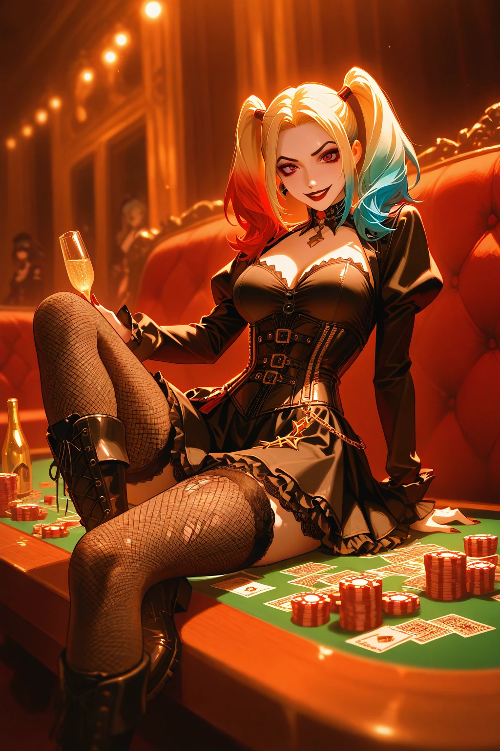 "(exquisitely detailed CG unity 8k wallpaper, masterpiece-quality with stunning realism), (best illumination, best shadow), (best quality), (elegant style:1.2), Arti modern anime. angled view, heroic pose, midshot, (cel-shading style:1.3), centered image, ultra detailed closeup portrait of Mad Moxxi from Borderlands, posing, (face closeup:1.3) (full body), (foreshortening effect:1) (tetradic colors), inkpunk, (ink lines:1.1), strong outlines, art by MSchiffer, bold traces, unframed, high contrast, (cel-shaded:1.1), vector, 32k resolution, best quality, flat colors, flat lights full zoom, action portrait, photorealistic. cinematic lighting, highly detailed. best quality, 4k, (Better hand:1),perfect anatomy, leaning forward, foreshortening effects, coy flirty sexy expression, foreshortening effect, (piercing eyes:1), surrounded by an ominous and dark atmosphere, accentuated by dramatic and striking lighting, imbued with a sense of surreal fantasy". (mature:0.5) (sitting on a pile of gold coins:1.2) vibrant colours, (small mini red velvet top hat with a blue and yellow feather:1.3), (white face makeup with pink cheek makeup:1.3) (gold coins:1.3) (gold coins scattered:1) (sexy sultry flirty expression:1) (white high heel boots:1) (elegantly crossing legs sitting:1) (red corset:1) (in a casino:1.3) (casino tables:1) (neon signs:1) (smiling:1) (happy:1), mad moxxi, masterpiece, best quality, 1girl, jewelry, breast tattoo, weapon, makeup, hat, card, tattoo, lipstick, belt, earrings, fingerless gloves, gun, red lips, top hat, holster, thighhighs, solo, leotard, striped, bare shoulders, large breasts, bracelet, spikes, looking at viewer, blurry, collar, spiked collar, heart, fishnets, mole, cleavage, showgirl skirt, swept bangs, thigh strap, strapless, playing card, heart tattoo, indoors, black hair, neon lights, feathers, handgun, strapless leotard, spiked bracelet, buckle, eyelashes, depth of field, bangs, eyeshadow, thigh holster, lipstick mark, blur background