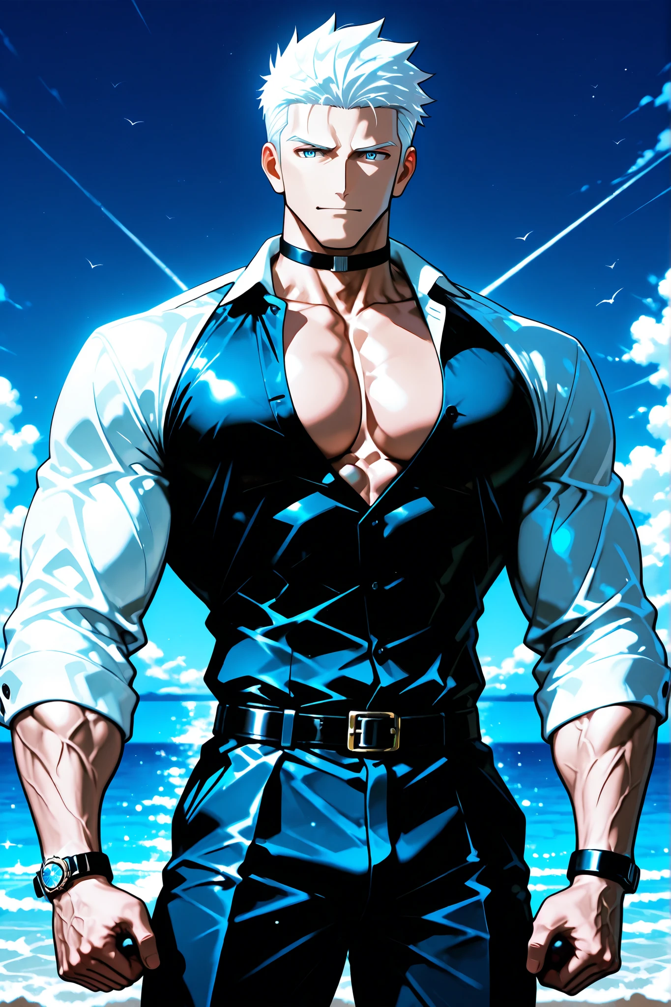 Short white-haired boy with unclothed muscular and showing the deck