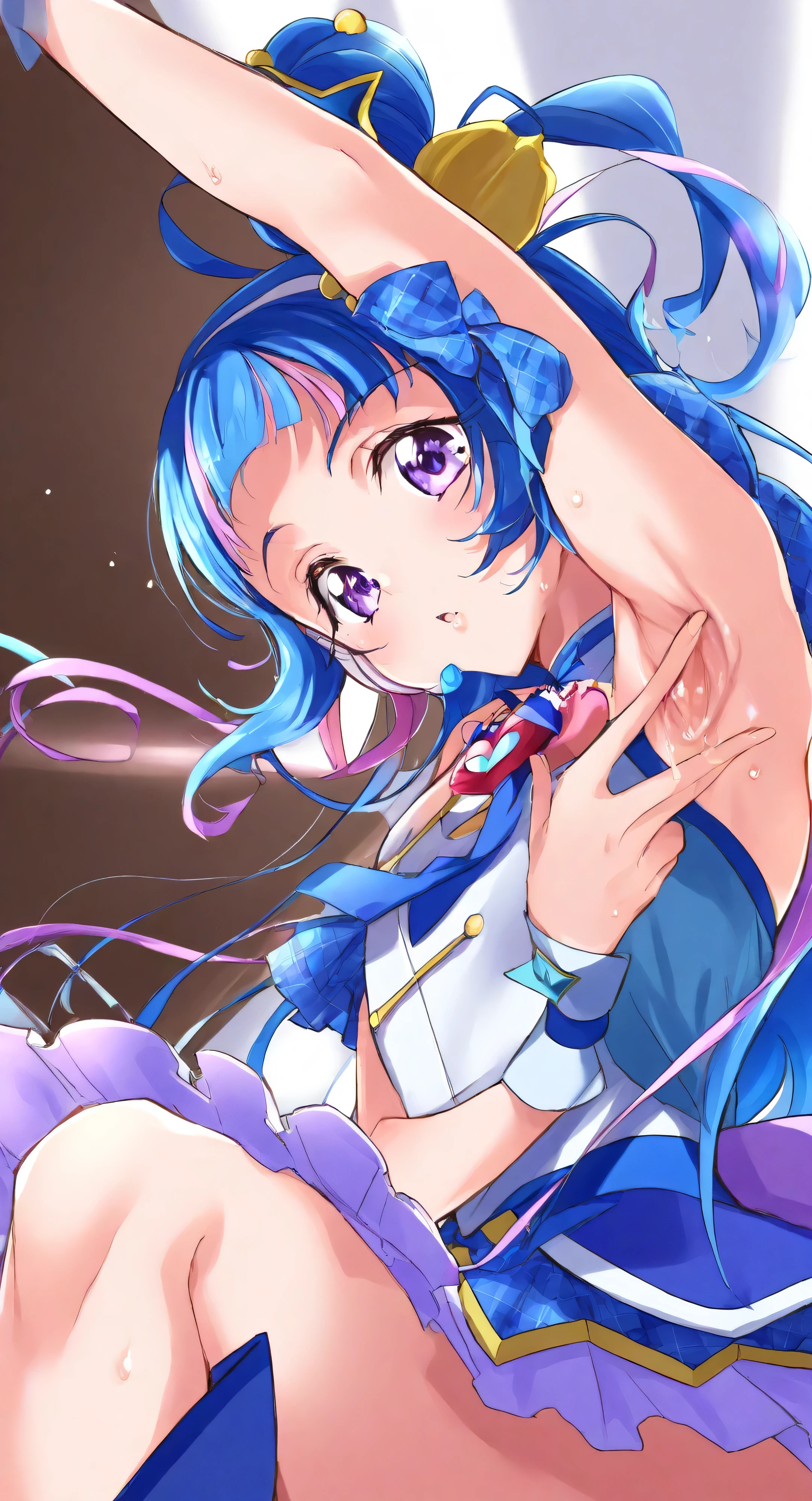 masterpiece, Highest Quality, Newest, That's ridiculous, CG, anime, source anime, [illustration],,( 1girl :1.5),(Alone:1.5),,  cure ink , kimi to Idol precure, (blue hair:1.1), Magical Girl, mini crown, purple eyes, blue dress, Slanted Hat , Long Hair, dull bangs, Shoulders,  headband ,  Two-tone hair, purple hair carrying a book,flat chest,wide hips,,
 gem, Idol clothes, Idol,heart brooch, headset,,nsfw,(armpit:1.1),sweat,armpitsweat,赤armpit,脂ぎったarmpit,艶のあるarmpit,肉厚なarmpit,
spread armpits,
(focus on armpit:1.5),focus on your face,(from below:1.3), Staring at the Camera,Bust Shot),,
,spread armpit, Arm Up, armpit, lay hand on own armpit,( buke the world:1.2),(cum on armpit:1.1),facial(evil smiug:1.7),obscene,top quality,very detailed images,single,1girl,solo,Low Angle Perspective ,bikini thighs,looking at viewer,single,1girl,solo,single,1girl,solo,single,1girl,solo,