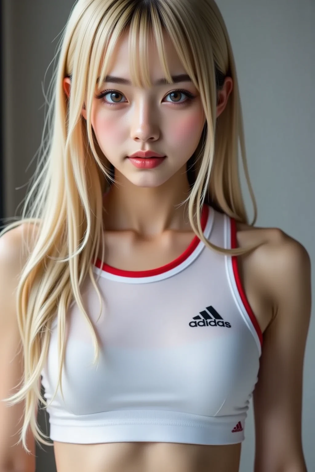 blue eyes, hair ornaments, Hair Ribbon,Show your forehead、Twin tails、 Random color tennis wear, clavicle, Thighs, blush,, Lace choker, short hair,,No bra,,Highly detailed skin, Highly detailed face, (beautiful Fine grain, the girl, Red cheeks), (A girl is standing), The girl is a cute 18-year-old tennis player., (Not wearing a bra, Knee socks、 The girl has a toned figure., Pink tennis wear, Sun visor,, Tennis court, ((I took the photo from the front、The girl contains the whole body)), flowing、Fine grain, Perfect functionality, ( Highest quality, good quality:1.4), Intricate details,Closely、Embarrassed expression、blush、Shining Sweat、Perfect Skin,Sweat is noticeable in the cleavage、、Thighsの汗が目立つ、 Fair skin,Tight waist, Sweating profusely、Sweaty hair、Sweaty clothes、Sweaty、Visible sweat、Sweat-soaked hair、Athlete System、Cherry blossom petals fluttering、Blonde、Silver Hair、Form at the moment of serving、