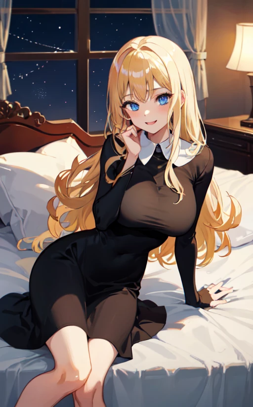 solo girl, (young female body:1.4), ( medium small breasts), knee length hair, yellow long hair, voluminous wavy very long yellow hair, extra long disheveled yellow hair, hime cut, light blue eyes, cowboy shot, dynamic posing, bedroom, white socks, black blouse, unbuttoned shirt, cleavage, oversized black shirt, spreading legs, sitting, leaning back
