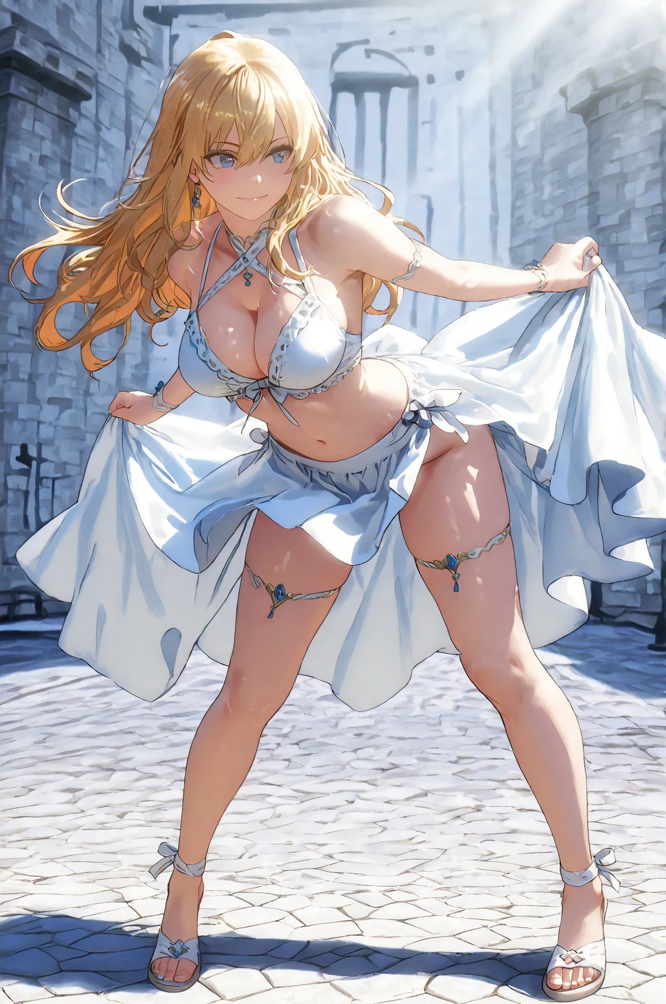 Anime style, super fine illustration, super clear illustration, highly detailed, beautiful detailed, super pale tone image, super delicate illustration, super calm & static image, static representation, gentle expression,  happy expression, 8k, pretty 1girl with blonde straight short hair & blue eyes & a bright smile & huge breasts & nipples & soft fair skin is wearing the street dancer costume, on the stage, solo, perfect fingers, perfect arms, perfect legs, masterpiece.