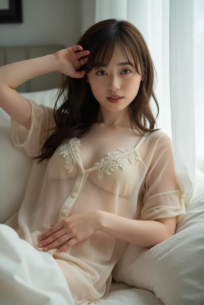 ((1 girl)), (nsfw:1.2), open,,expose shoulders,expose refreshing breasts, open clothes, hand held clothes, torn open,(chest tip exposed), (highly detailed CG Unity 8k wallpaper), (masterpiece), (best quality), (super detailed), (best illustration), (best shadow), (real), (PureErosFace_V1:0.5), Lens flare, (depth of field), (natural light), Ultra HD, (eye details), Charming smile, (Brunette) , ((((Transparent nightdress))), (Exposed breasts), 9 years old, Mouth open, Close eyes, Very red cheeks, (very sweaty), Bangs, Small breasts, Bed background, Crawling on all fours