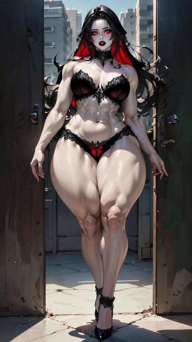 (Fondo blanco) Eris cuerpo completo de pie con dos muslos largos y Tacones altos, ojos grandes, cabello ROJO LARGO desordenado, Bikini amarillo, Tacones altos, manos en la cintura  ombligo, boca cerrada sonriente (rubor rojo) brazales dorados sin mangas, gargantilla negra