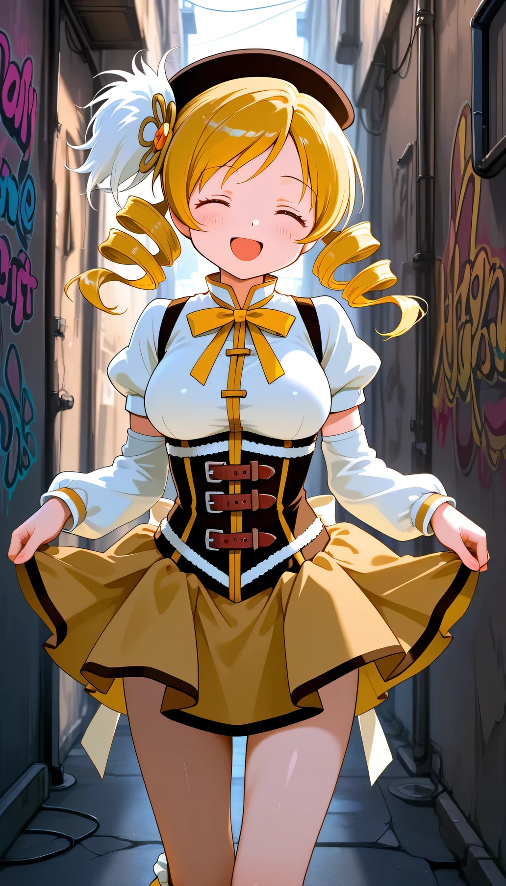 Mami Tomoe, happy, Magical Girl, Alley with graffiti, lifting her skirt 
