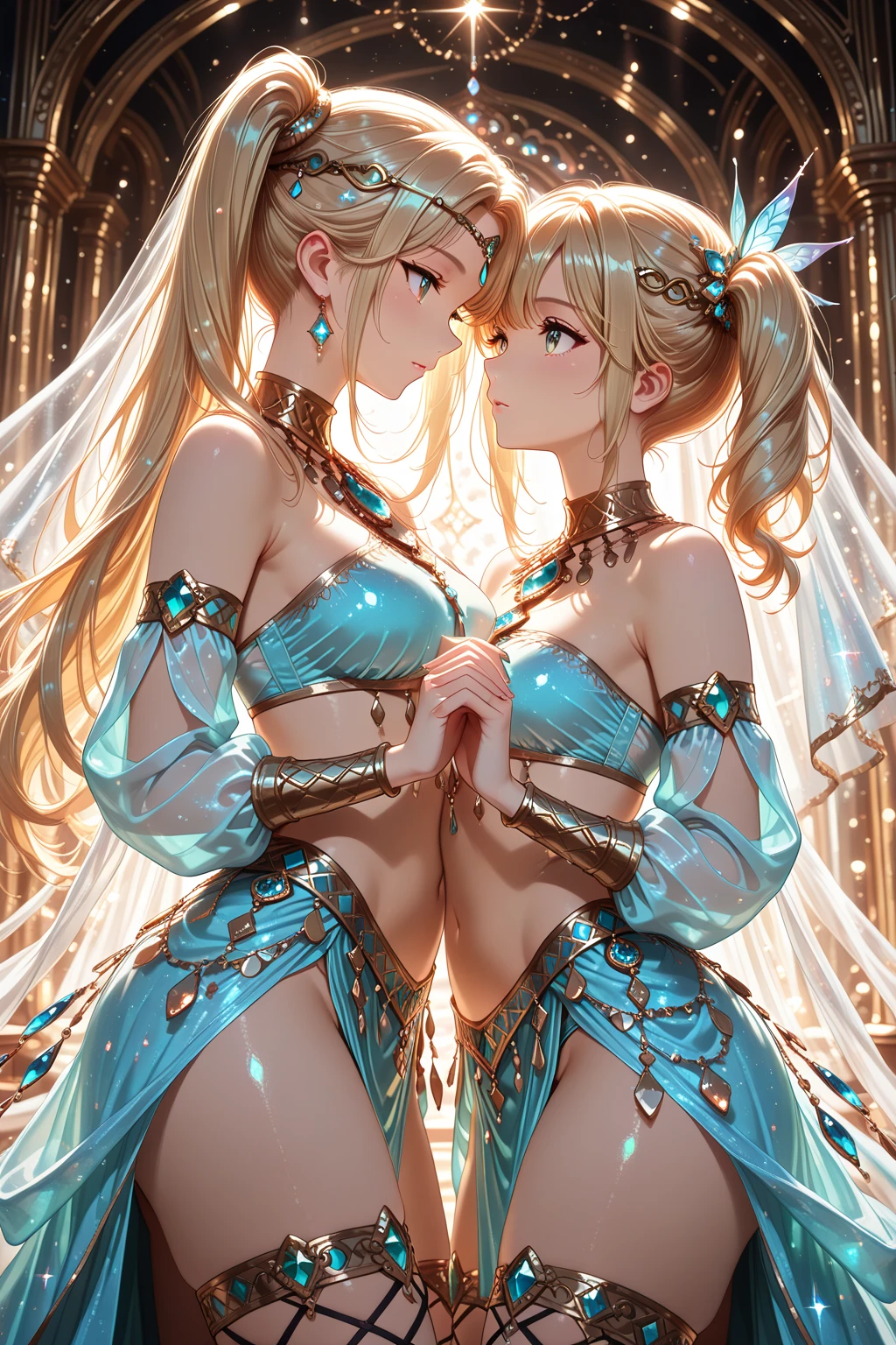 Two people looking at each other, 8k, masterpiece, a beautiful woman and a cute woman, two women kissing, two wearing sexy clothes of different designs,Very precise, a world just for the two of us,Anatomically correct body, anatomically correct hands,