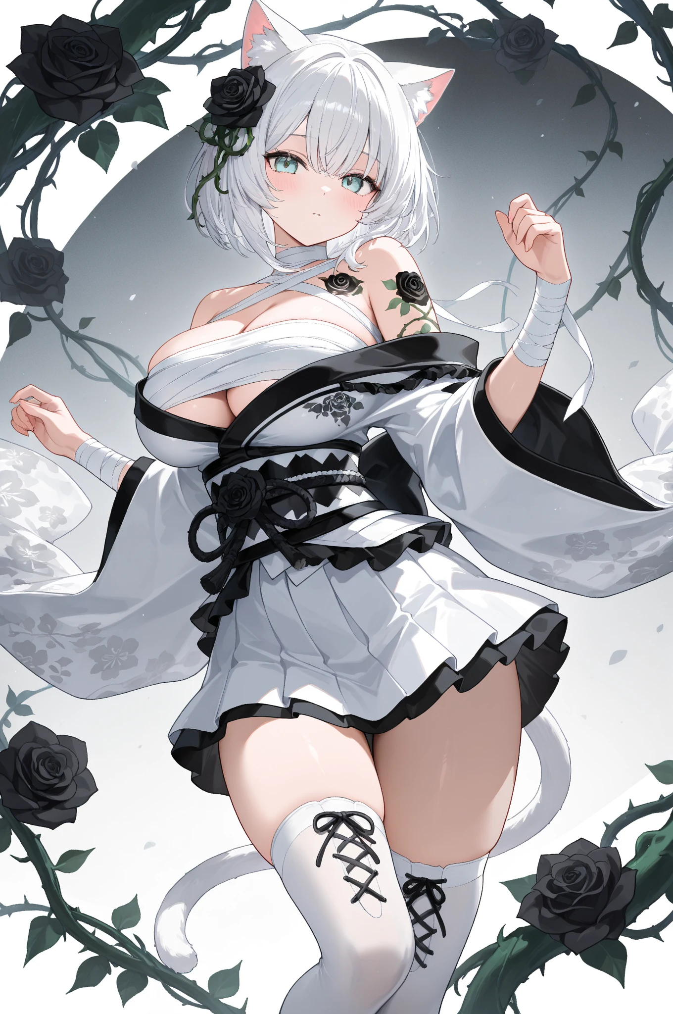 best quality, masterpiece, highres, solo, {sirius_azurlane:1.15}, white_hair, short_hair, red_eyes, breasts, hair_between_eyes, large_breasts, bangs, blush, cleavage, 1girl, braid, breast_curtains, chinese_clothes, dress, flower, hair_ornament, looking_at_viewer, revealing_clothes, china_dress, gloves, see-through, thighhighs, white_gloves, garter_straps, hair_flower, pelvic_curtain, half_gloves, white_thighhighs, thighs, cherry_blossoms, side_braid, grey_dress